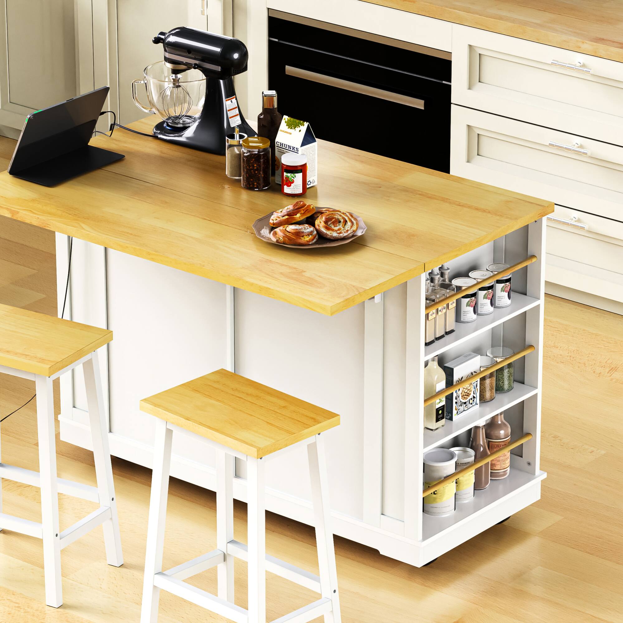 Left. ELEMENT ACE - Large Kitchen Island with Drop Leaf, Power Outlets, and Mobile Storage Cart featuring Multiple Storage Options - White.