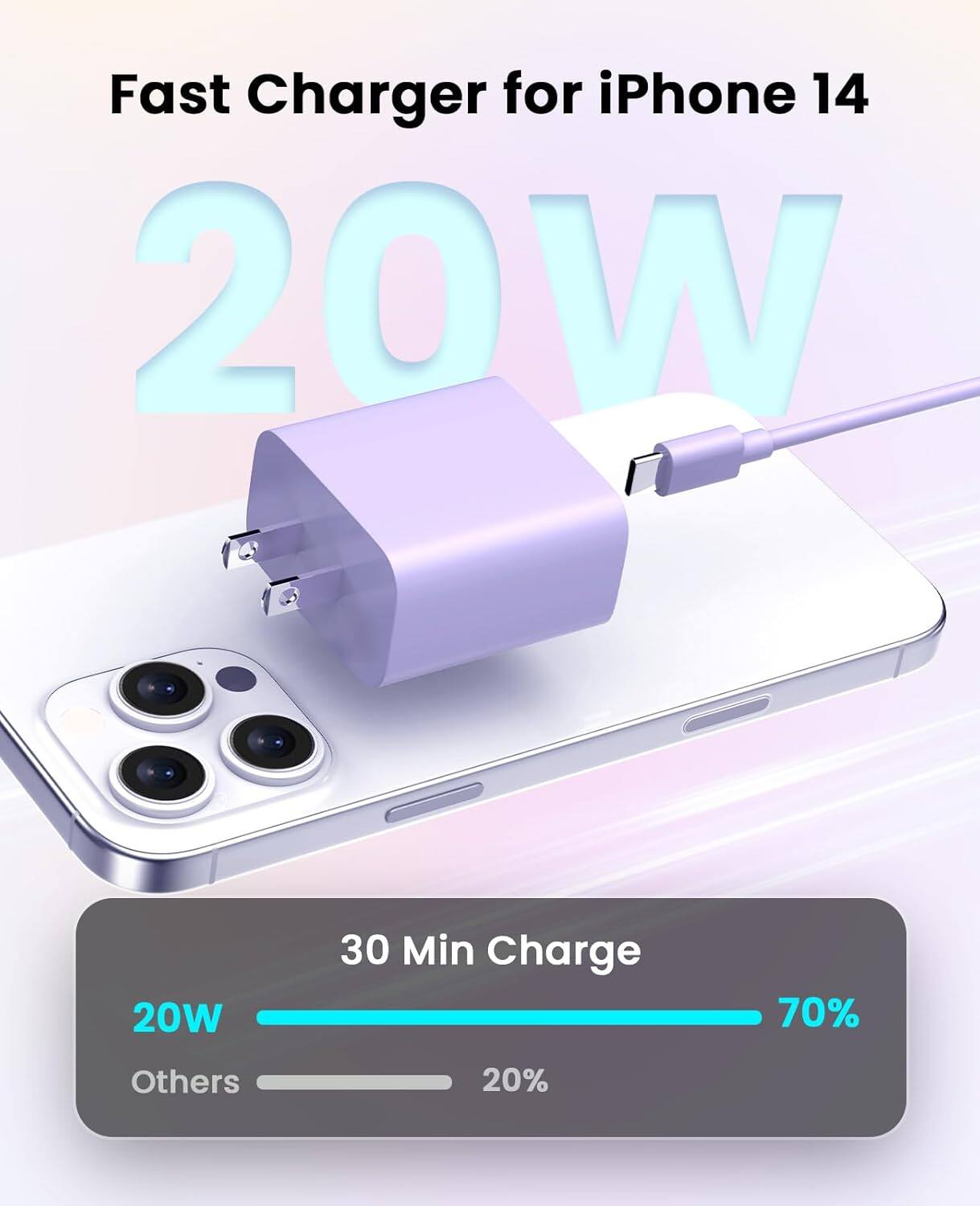 Fast Charger for iPhone 14 20W

20W

30 Min Charge

70%

Others

20%