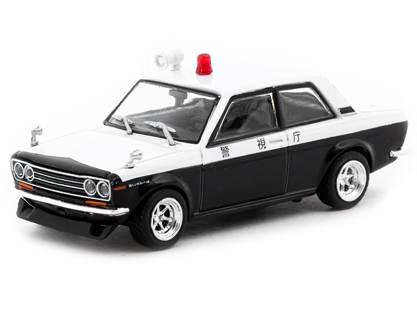 Angle. Tarmac Works - Datsun 510 "Japanese Police" Black and White "Road64" Series 1/64 Diecast Model Car by Tarmac Works - Black and White.