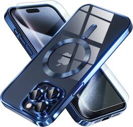 Entronix - Premium Bundle for iPhone 15 Pro Max - Magnetic Glossy Case and Clear Screen Protector - Navy Blue