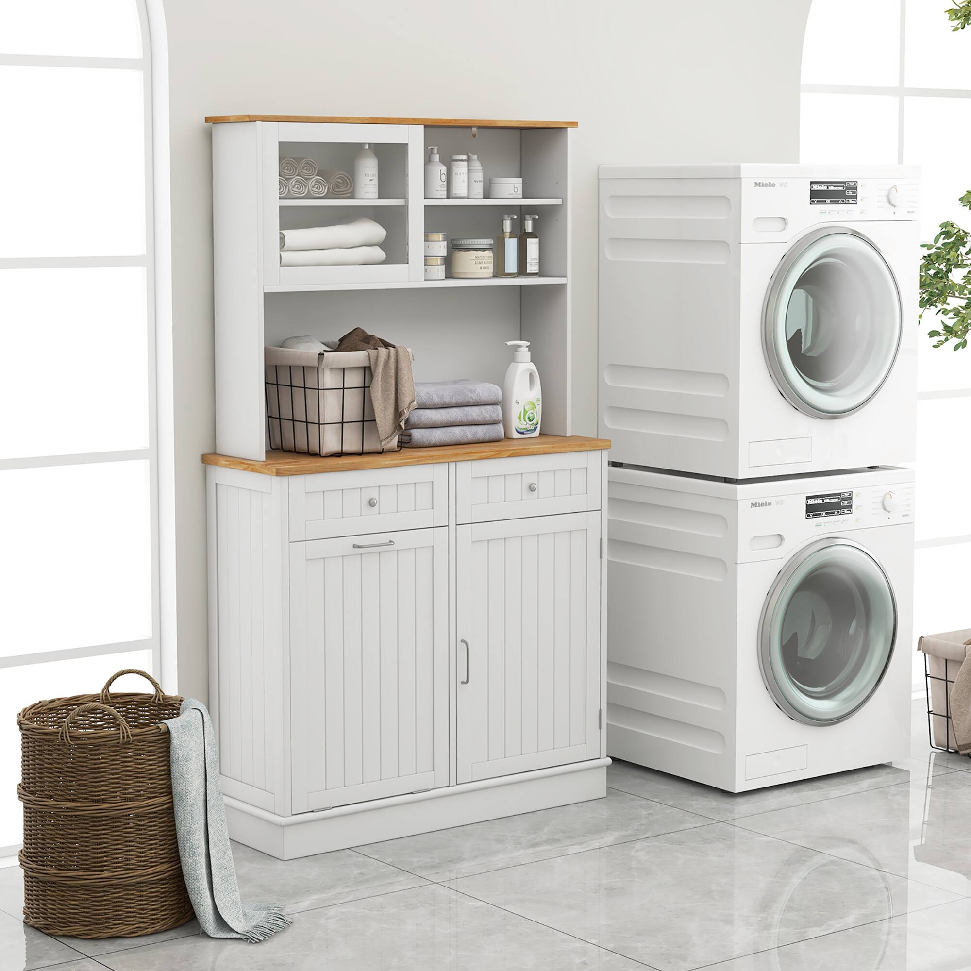 The text on the image is:

- "Miele" (on the washing machine and dryer)
- "Eco" (on the detergent bottle)