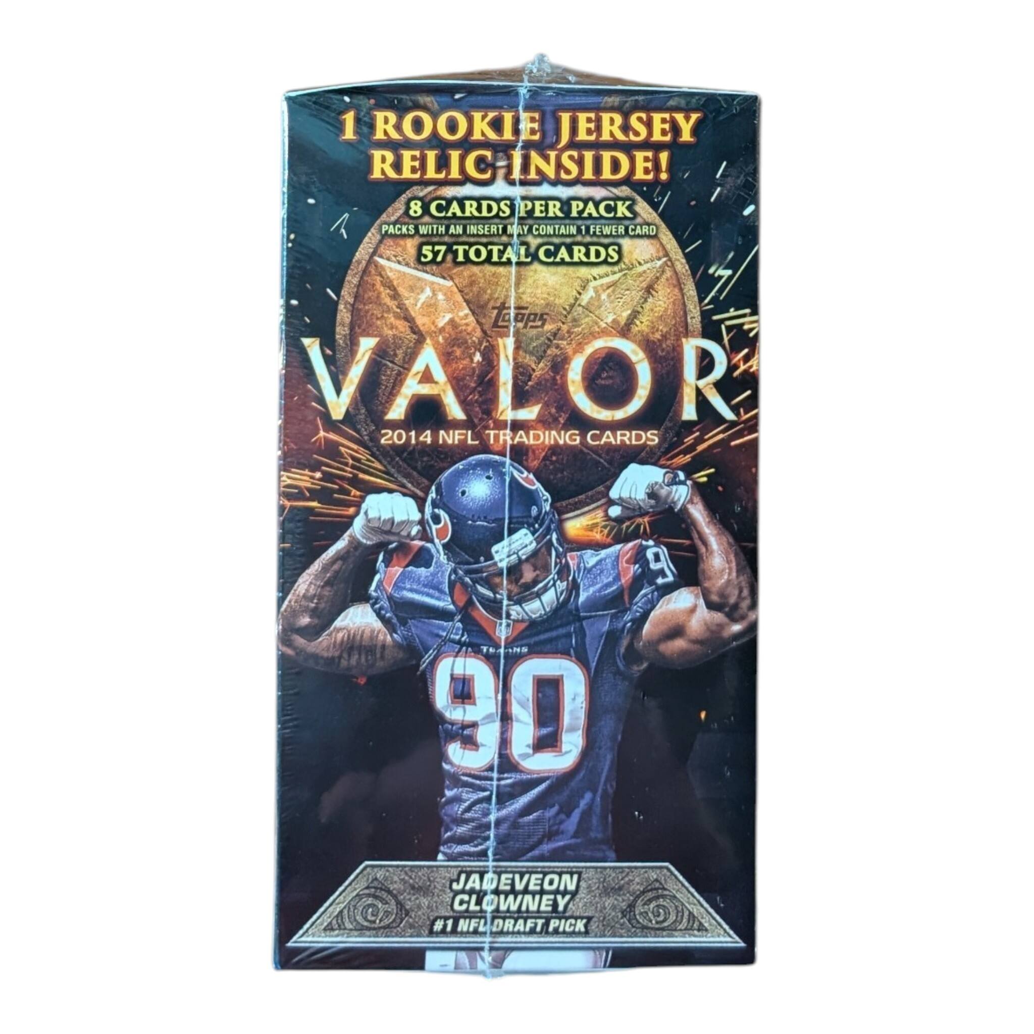 1 ROOKIE JERSEY RELIC INSIDE!  
8 CARDS PER PACK  
PACKS WITH AN INSERT MAY CONTAIN 1 FEWER CARD  
57 TOTAL CARDS  

Laps VALOR  
2014 NFL TRADING CARDS  

JADEVEON CLOWNEY  
#1 NFL DRAFT PICK