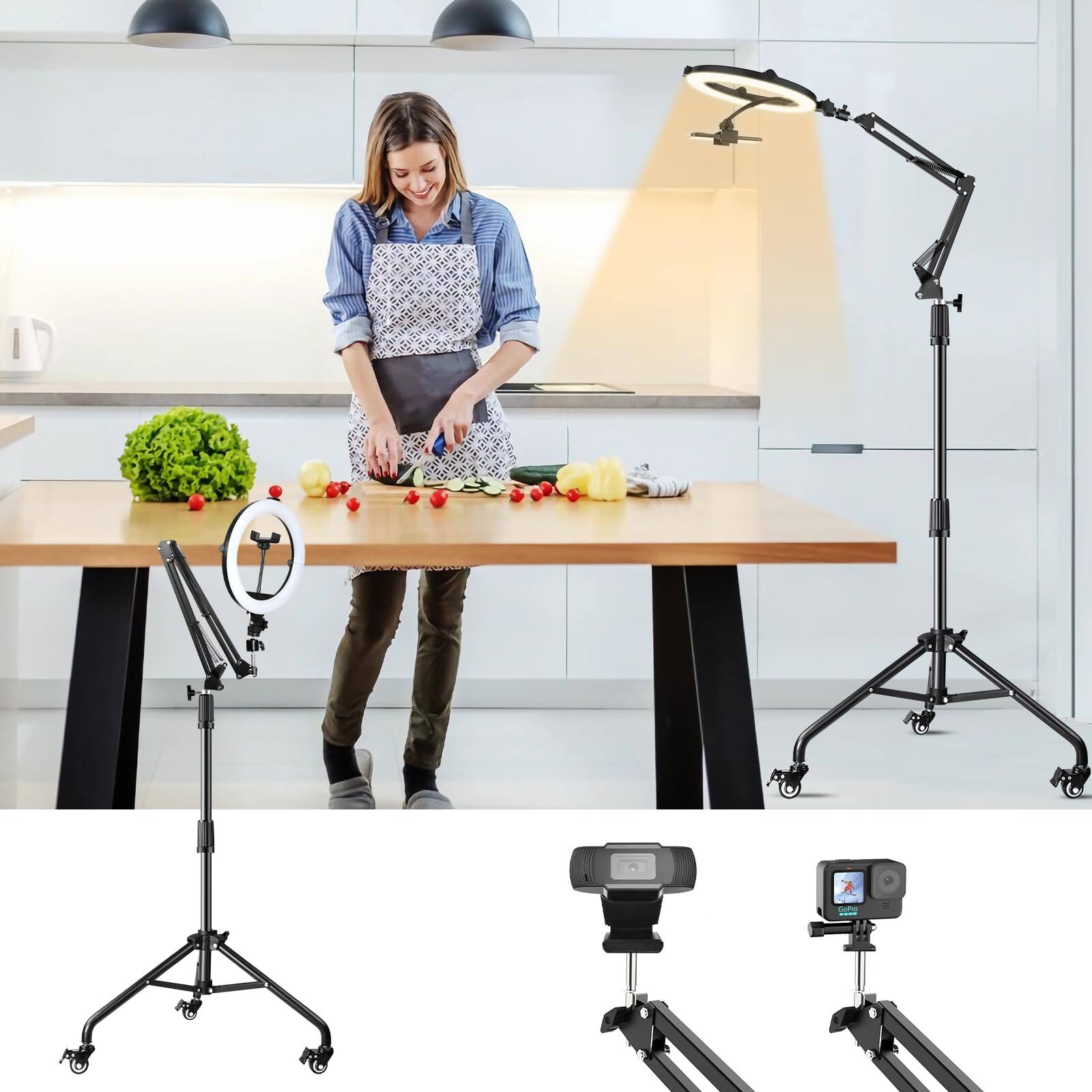 Front. VEGA AUTOMOTIVE - Overhead Phone Tripod For Cooking Videos With Casters Ring Light Stand Mount Holder Selfie Video Recording ... - Default.