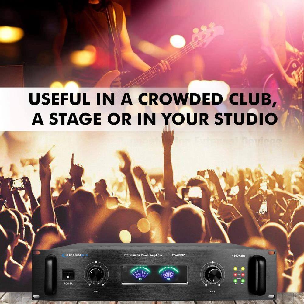 USEFUL IN A CROWDED CLUB, A STAGE OR IN YOUR STUDIO

technical pro
Professional Power Amplifier
POWER65
6500watts
AMOIDCY
I O
u
ER
.. I -
POWER
ONE
ONE
CH2
CH1
