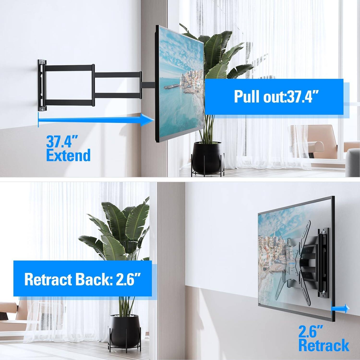 Pull out: 37.4"  
Extend  
Retract Back: 2.6"  
Retrack