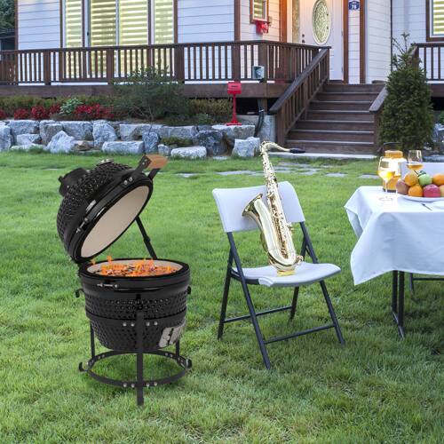 Alt View 6. Winado - Ceramic Grill 13in Round Kamado Charcoal Grill, Portable Barbecue Grill with Thermometer for Outdoor Camping Cooking - Black.