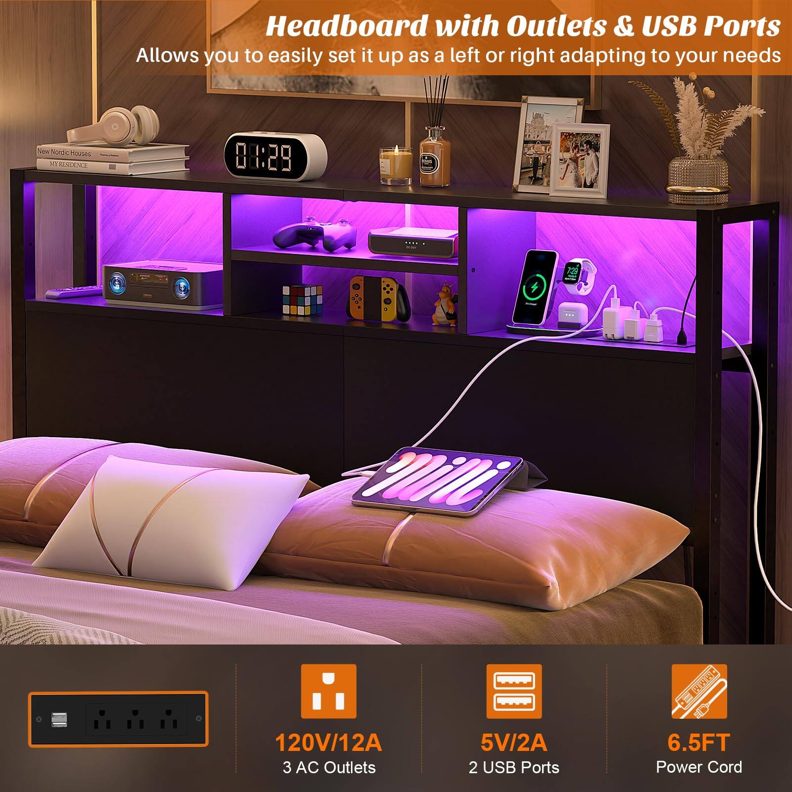 Headboard with Outlets & USB Ports  
Allows you to easily set it up as a left or right adapting to your needs  

- 120V/12A  
- 3 AC Outlets  
- 5V/2A  
- 2 USB Ports  
- 6.5FT Power Cord