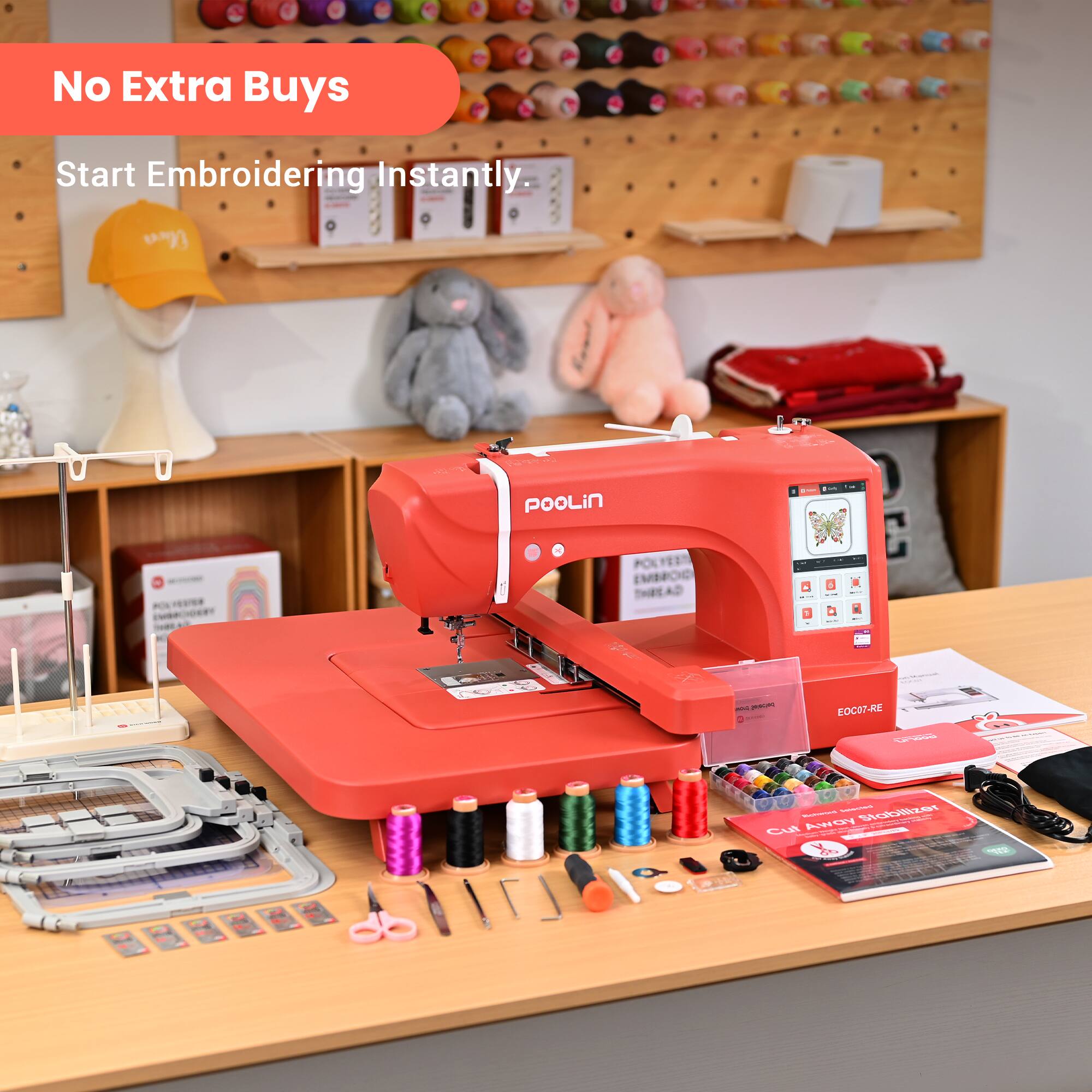 No Extra Buys  
Start Embroidering Instantly.  

Una PooLiN + i - -- .  
POLTES * EMBROC THREAD . .  
I Eei - EOCOT-RE - et ASO ades