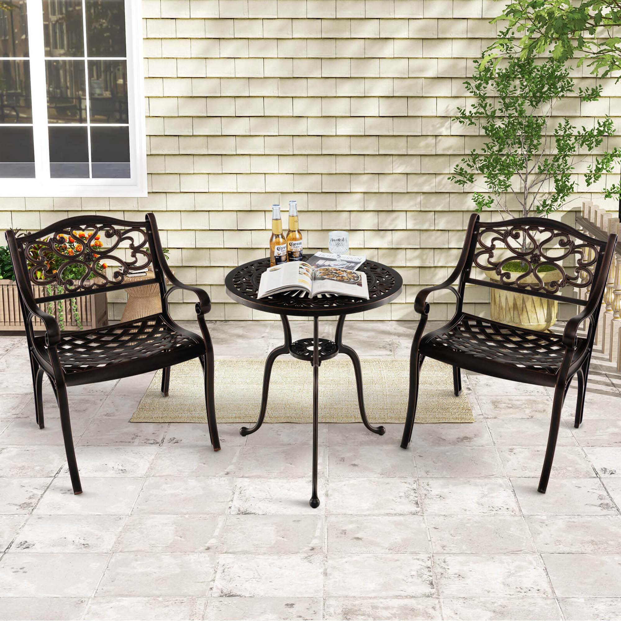 Alt View 3. Costway - 2 PCS Cast Aluminum Patio Chairs Set of 2 All Weather Outdoor Dining Chairs with Armrests - Bronze.