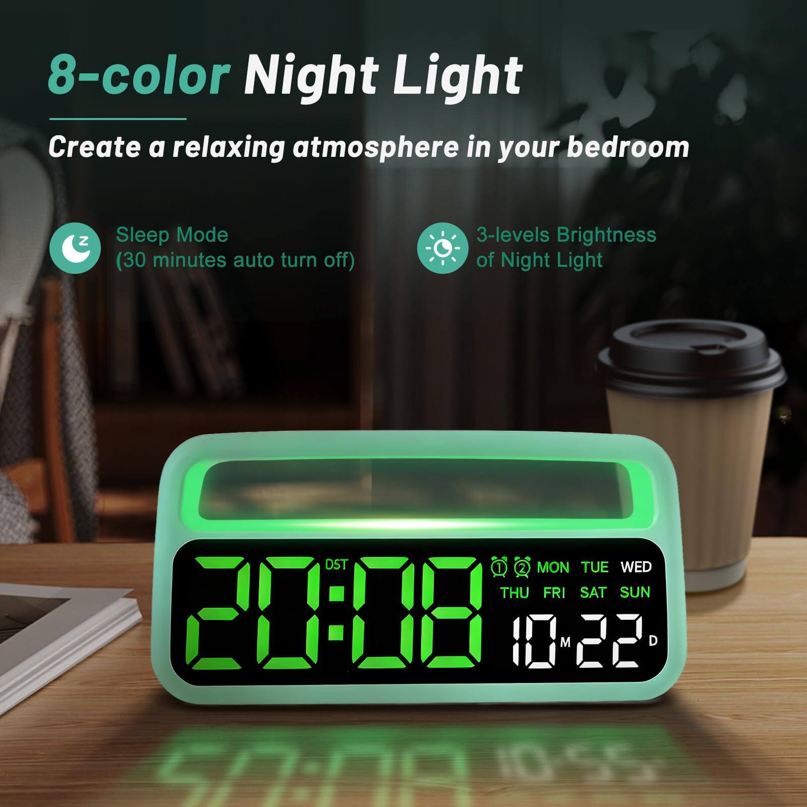 8-color Night Light  
Create a relaxing atmosphere in your bedroom  

Sleep Mode (30 minutes auto turn off)  
3-levels Brightness of Night Light  

20:08  
DST  
MON TUE WED THU FRI SAT SUN  
10M 22D