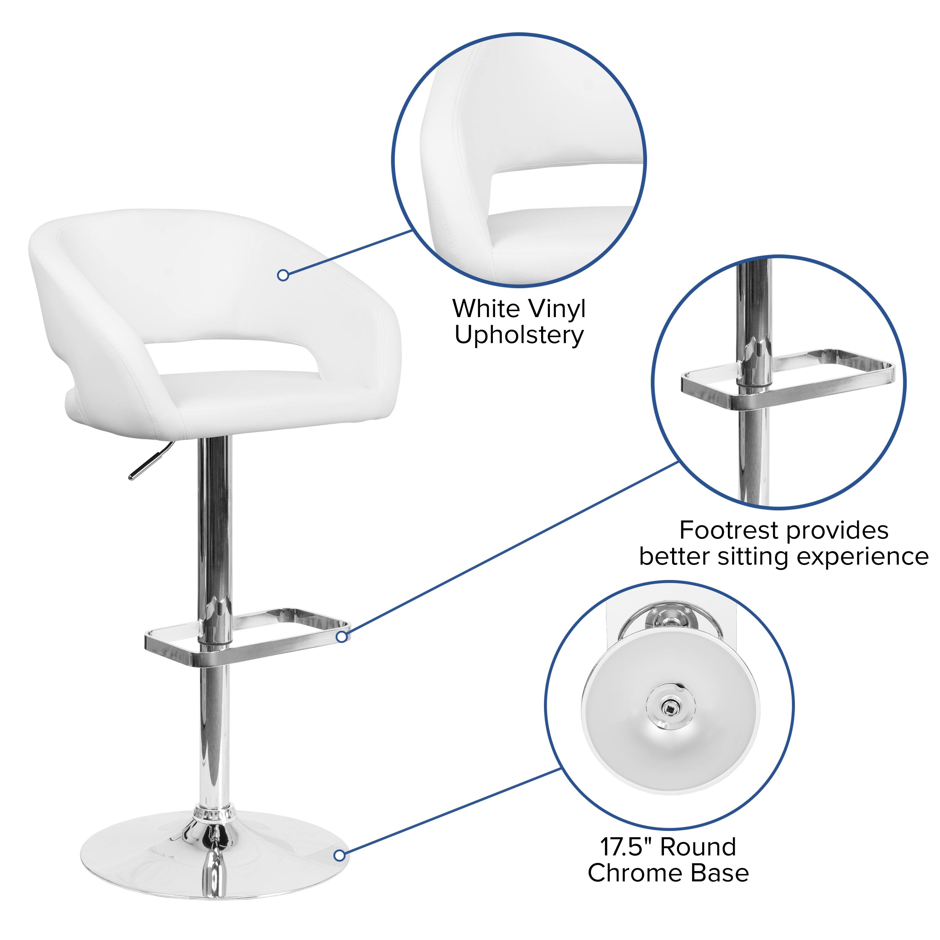 White Vinyl Upholstery Footrest provides better sitting experience  
17.5" Round Chrome Base