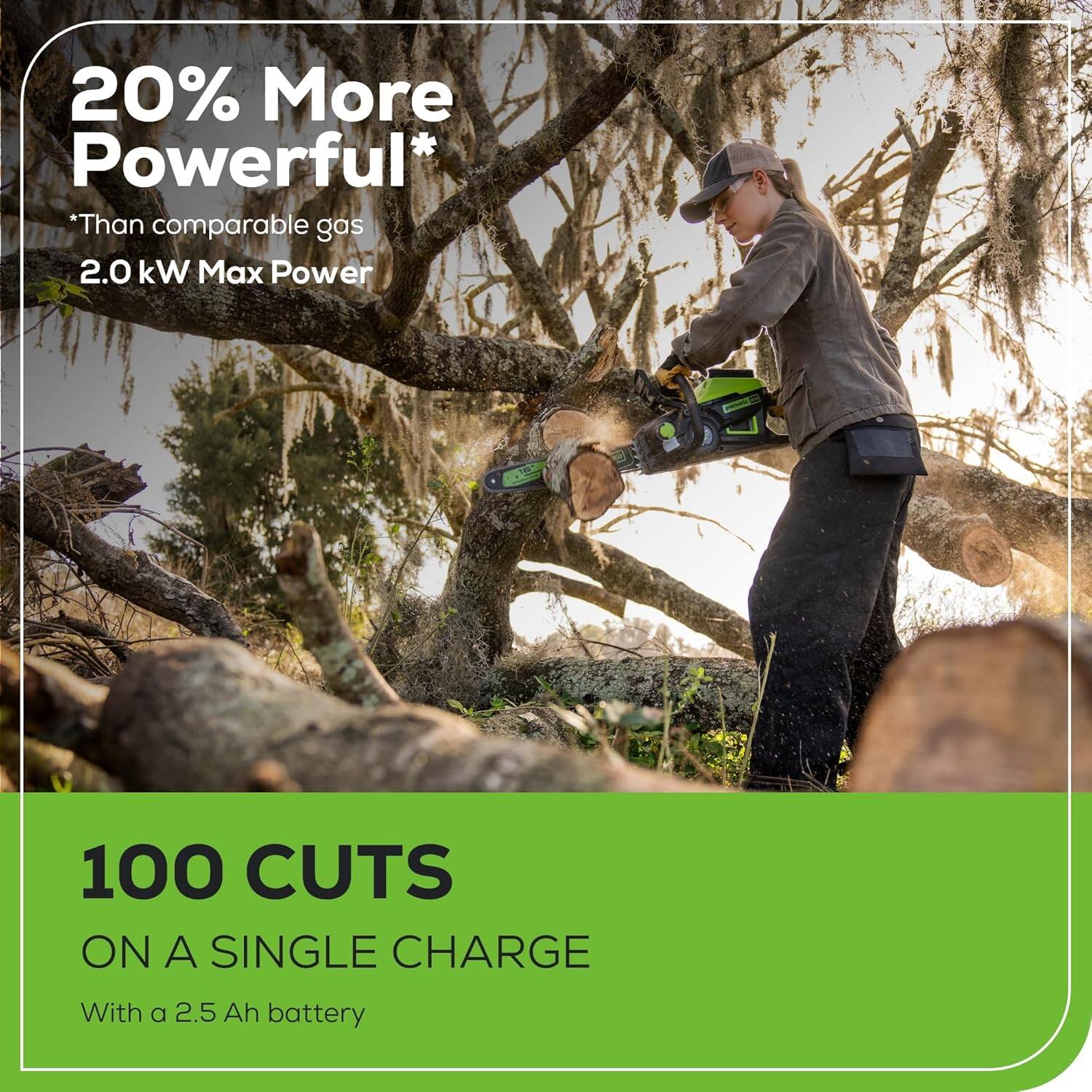 20% More Powerful*  
*Than comparable gas  
2.0 kW Max Power  

100 CUTS  
ON A SINGLE CHARGE  
With a 2.5 Ah battery