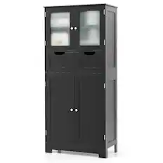 Front. Costway - Costway Bathroom Floor Storage Cabinet Kitchen Cupboard with 2 Drawers & Glass Doors Black - Black.