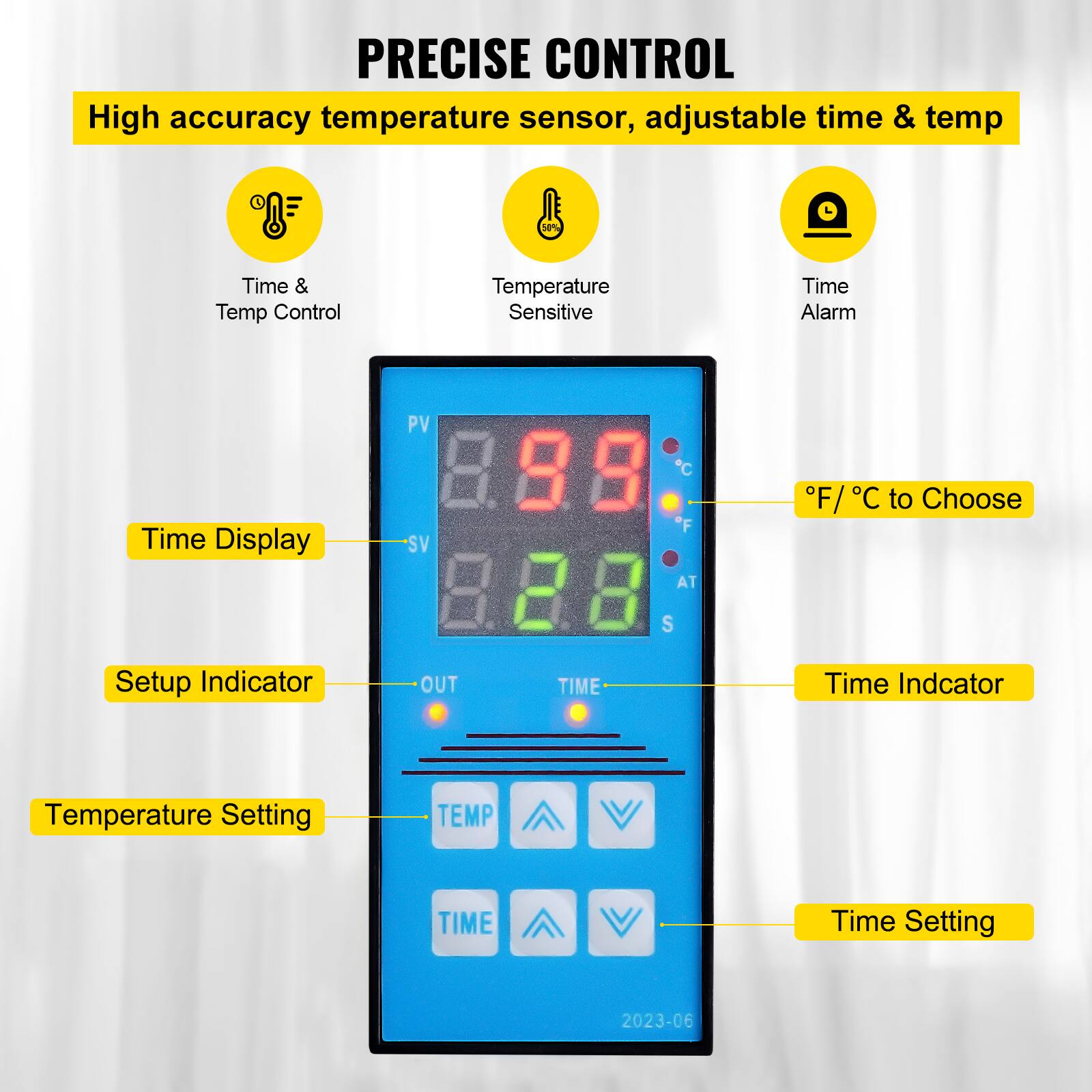 PRECISE CONTROL
High accuracy temperature sensor, adjustable time & temp

Time & Temp Control
Temperature Sensitive
Time Alarm
Time Display
Setup Indicator
PV 88 c F SV AT 828 S OUT
Time Indcator
Temperature Setting
TEMP TIME
Time Setting
2023-06