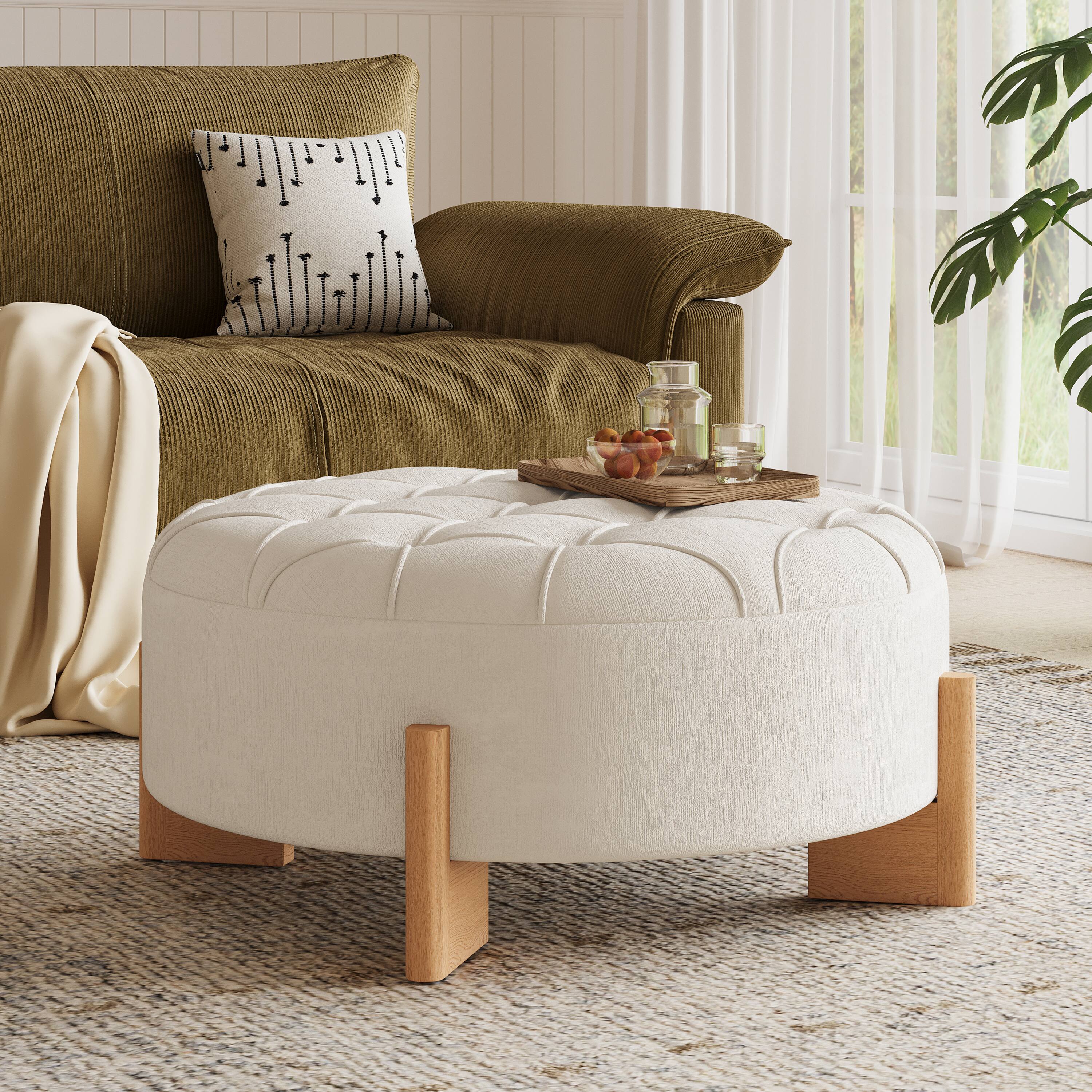 Angle. Whisen - 32" Round Tufted Ottoman Coffee Table Chenille Fabric Footrest for Living Room - Beige.