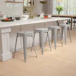 Emma + Oliver - 4 Pack 24" High Metal Indoor Counter Bar Stool - Stackable Stool - Silver