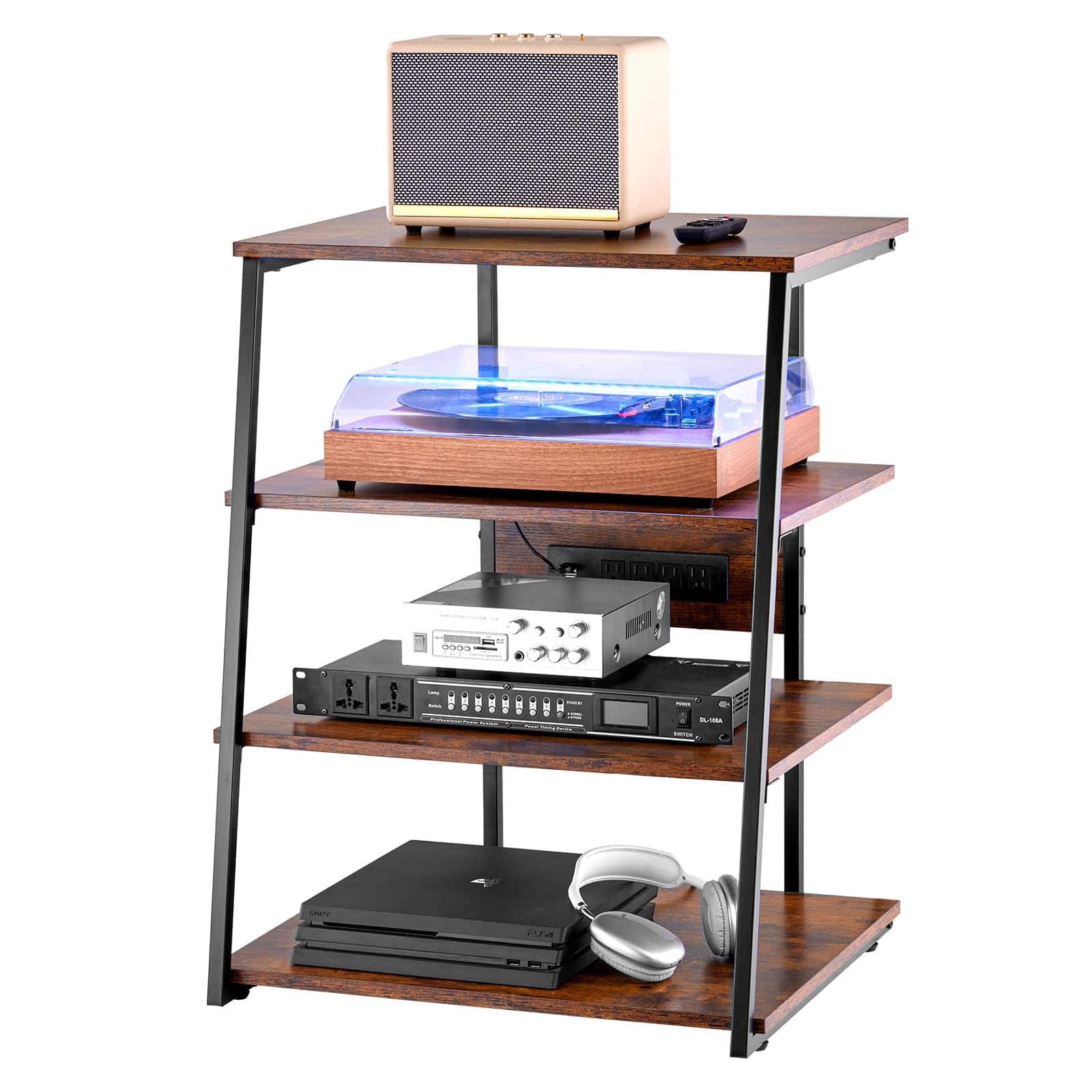 Hirose Alice - 4-tier Av Media Stand With Power Strips Corner Tv Led Lights Height Adjustable Wooden Shelves For Dvd Players/ - Default