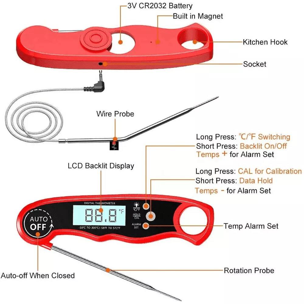 3V CR2032 Battery  
Built in Magnet  
Kitchen Hook  
Socket  

Wire Probe  
LCD Backlit Display  

Long Press: °C/°F Switching  
Short Press: Backlit On/Off  
Temps + for Alarm Set  
Long Press: CAL for Calibration  
Short Press: Data Hold  
Temps - for Alarm Set  

Temp Alarm Set  
Rotation Probe  

Auto-off When Closed  

DIGITAL THERMOMETER  
AUTO OFF  
50°C TO 300°C / 58°F TO 572°F  
HOLD  
CAL  
ALARM  
KEY