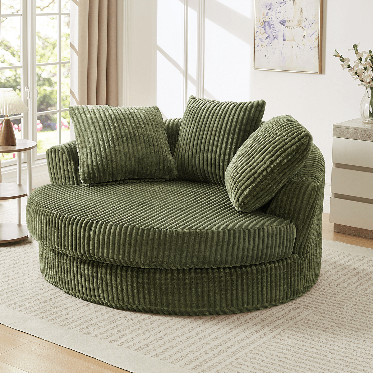 Left. Trinkets Crazed - 60-Inch Oversized Round Chaise Longue Chair Indoor,Modern Upholstered Corduroy Deep Seat Single Cloud Floor Sofa Chair - Green.