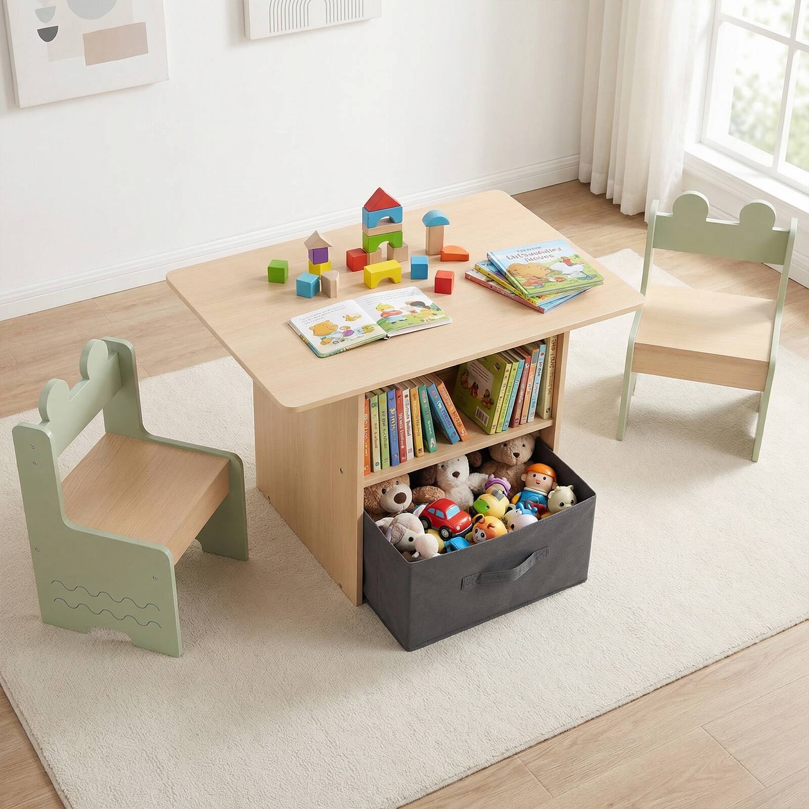 Alt View 1. Gymax - Gymax Kids Table & Chairs Set w/2 Open Compartments Fabric Drawer for Arts & Crafts - Green.