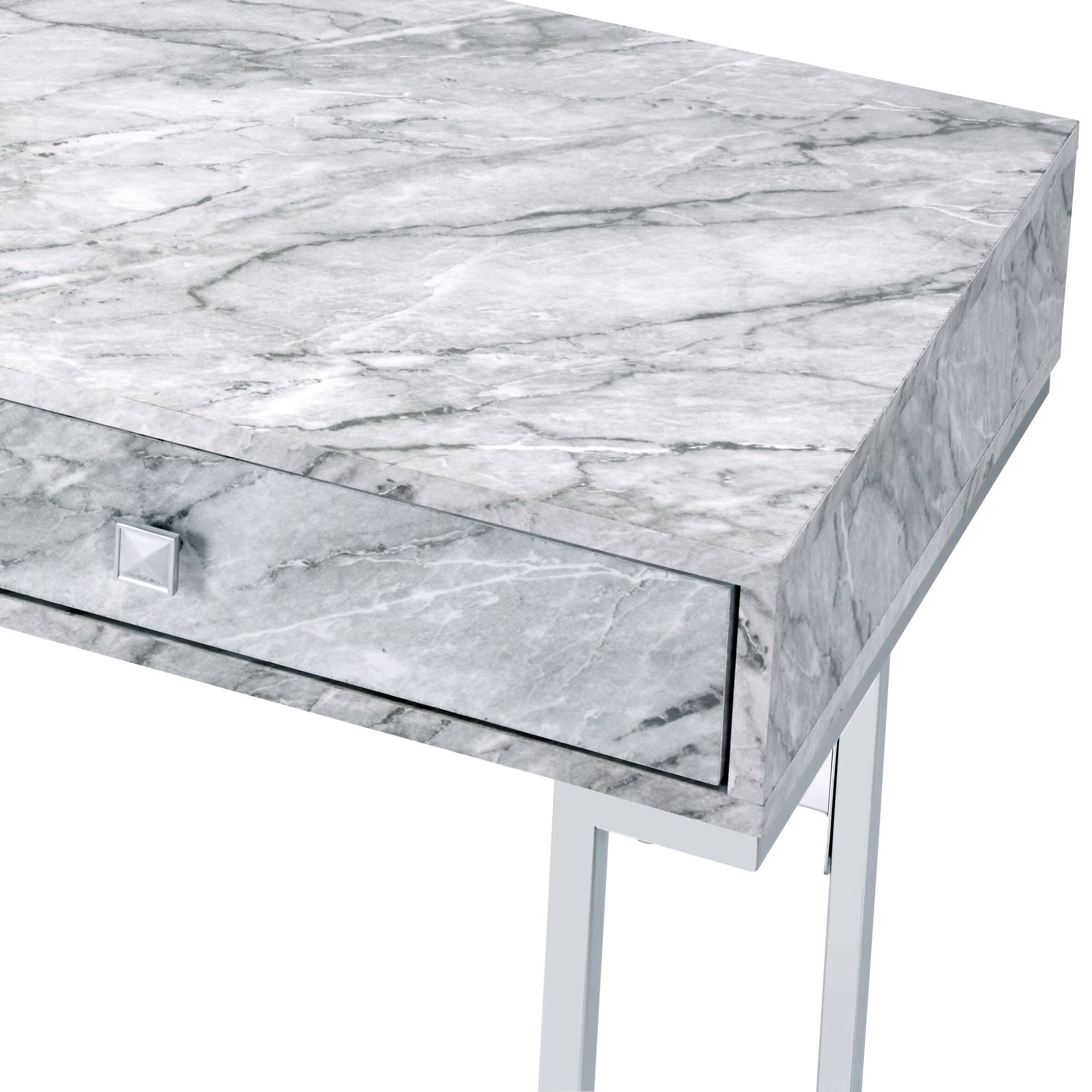 Angle. TinyHomie - Tigress White Printed Faux Marble Top and Chrome Finish Writing Desk - White.