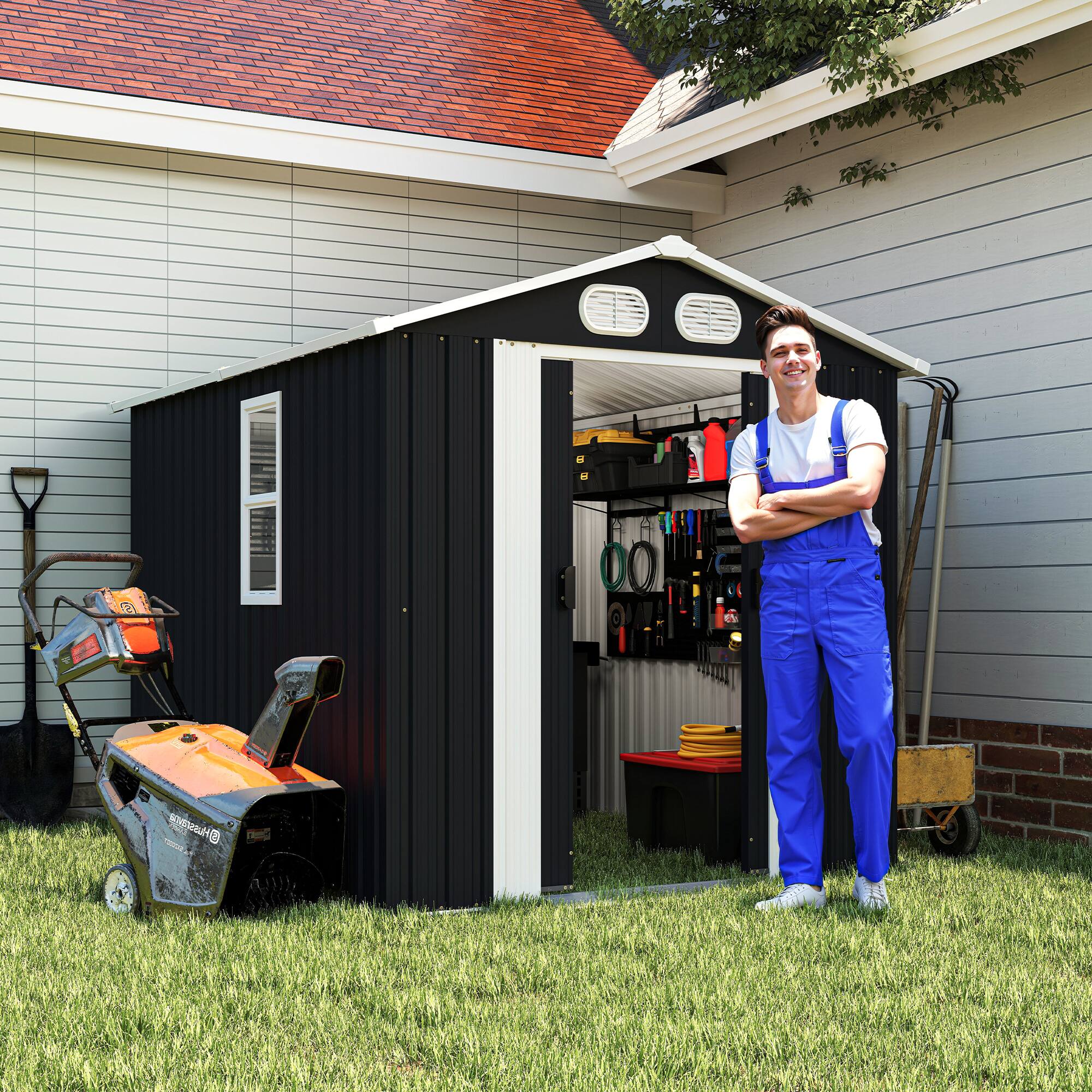 Back. Anysun - 6x8ft Metal Storage Shed with Lockable Door & Air Vents, Heavy-Duty Outdoor Garden Tool Shed for Backyard, Garden - Dark Gray.