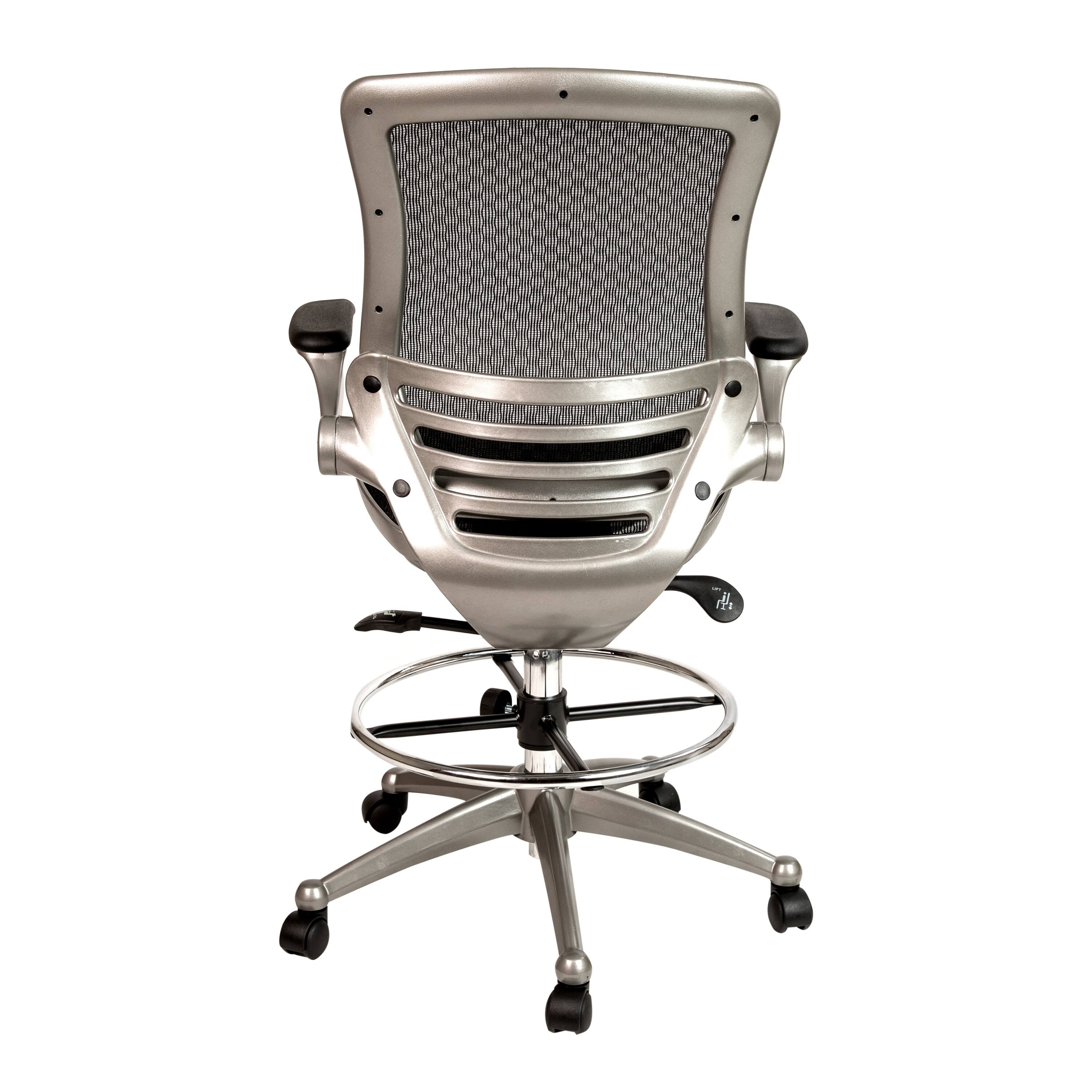 Alt View 5. Emma + Oliver - Mid-Back Transparent Mesh Drafting Chair with Flip-Up Arms - Black Mesh/Graphite Silver Frame.