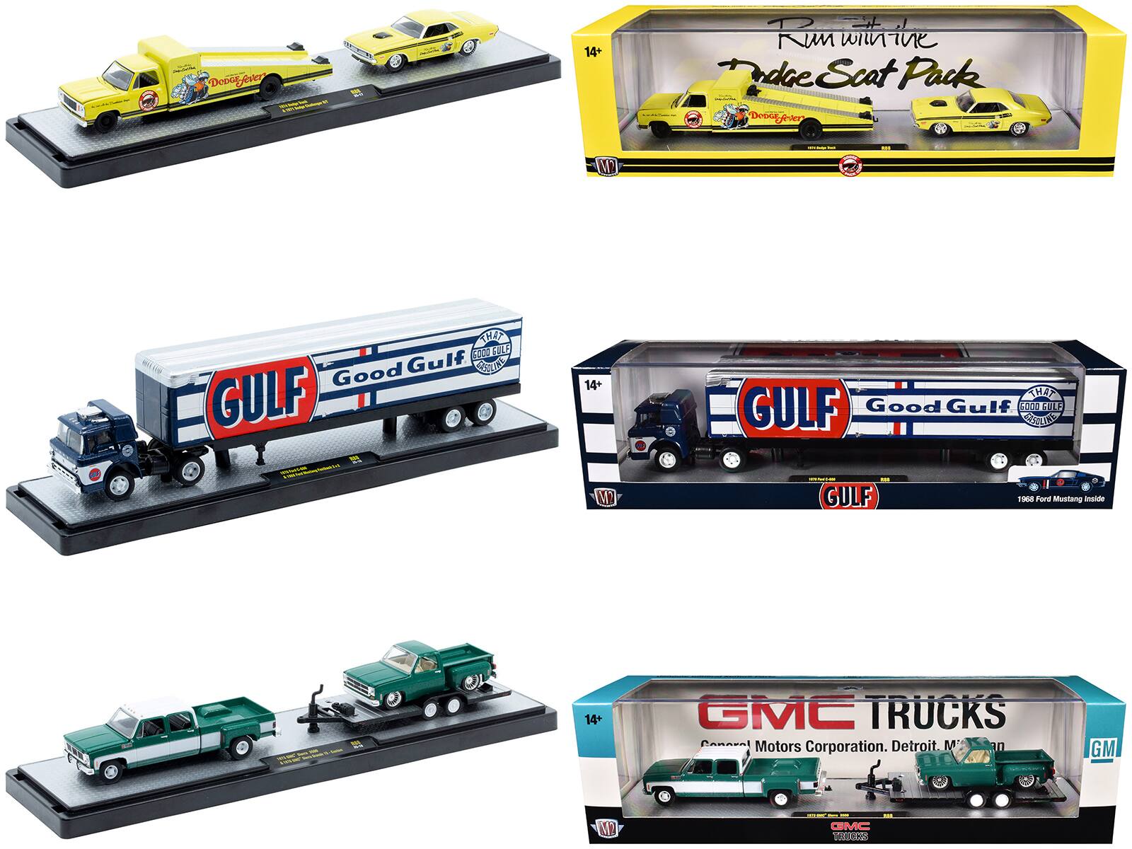 Sure, here is the corrected and grouped text from the image:

1. **Dodge Scat Pack**
   - 14+
   - Run miniature
   - Dodge Scat Pack
   - Good Gulf
   - 1968 Ford Mustang Inside

2. **Good Gulf**
   - 14+
   - Good Gulf
   - THAT GOOD GULF
   - 1968 Ford Mustang Inside

3. **GMC Trucks**
   - 14+
   - GMC Trucks
   - Motors Corporation. Detroit, Michigan
   - GMC Trucks