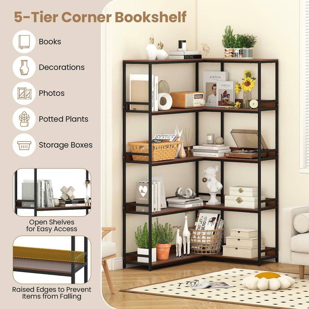 5-Tier Corner Bookshelf

- Books
- Decorations
- Photos
- Potted Plants
- Storage Boxes

Open Shelves for Easy Access

Raised Edges to Prevent Items from Falling