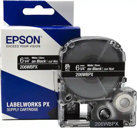 EPSON
EXCEED YOUR VISION
6 mm 1/4" White | Blanc on Black | sur Noir
206WBPX
LABELWORKS PX
SUPPLY CARTRIDGE
TAPE