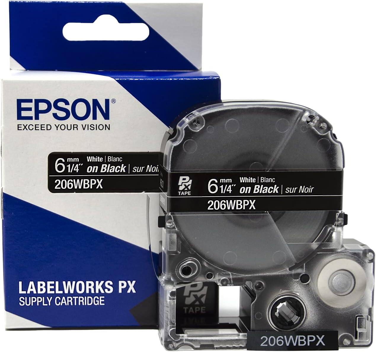 EPSON  
EXCEED YOUR VISION  

6 mm 1/4" White | Blanc on Black | sur Noir  
206WBPX  

LABELWORKS PX  
SUPPLY CARTRIDGE  

TAPE