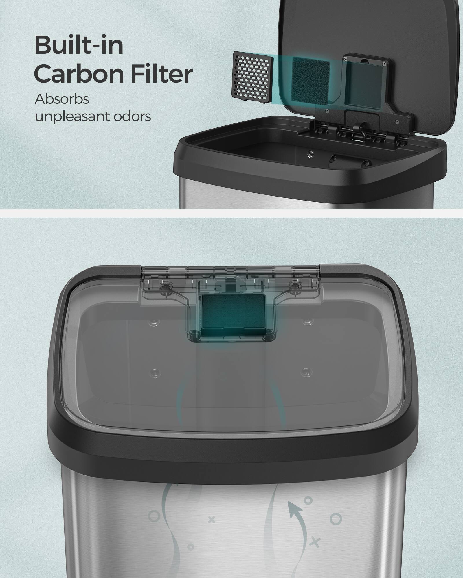 Built-in Carbon Filter Absorbs unpleasant odors