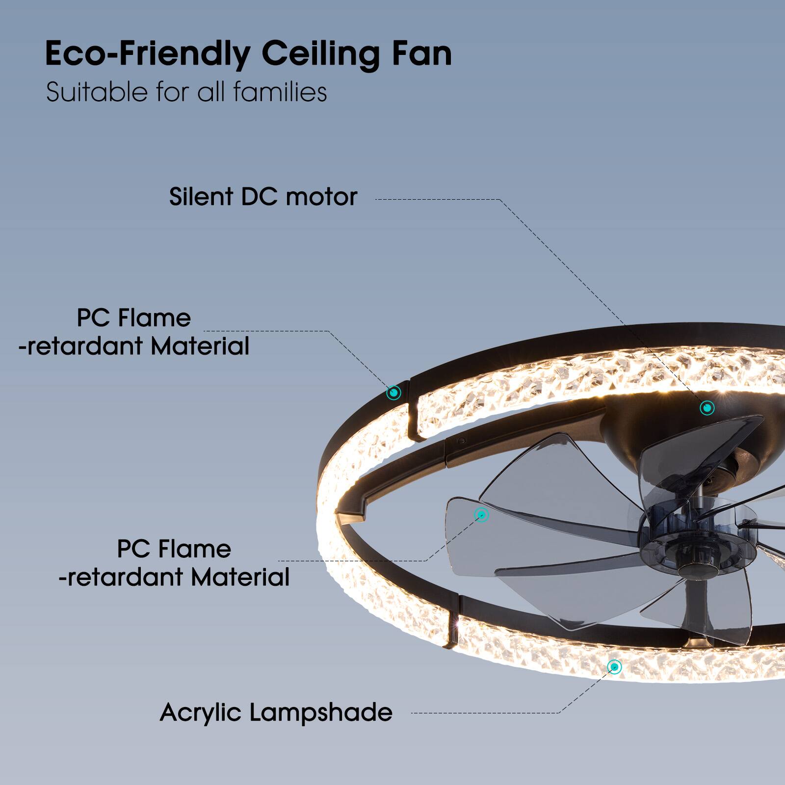 Eco-Friendly Ceiling Fan  
Suitable for all families  
Silent DC motor  
PC Flame-retardant Material  
PC Flame-retardant Material  
Acrylic Lampshade