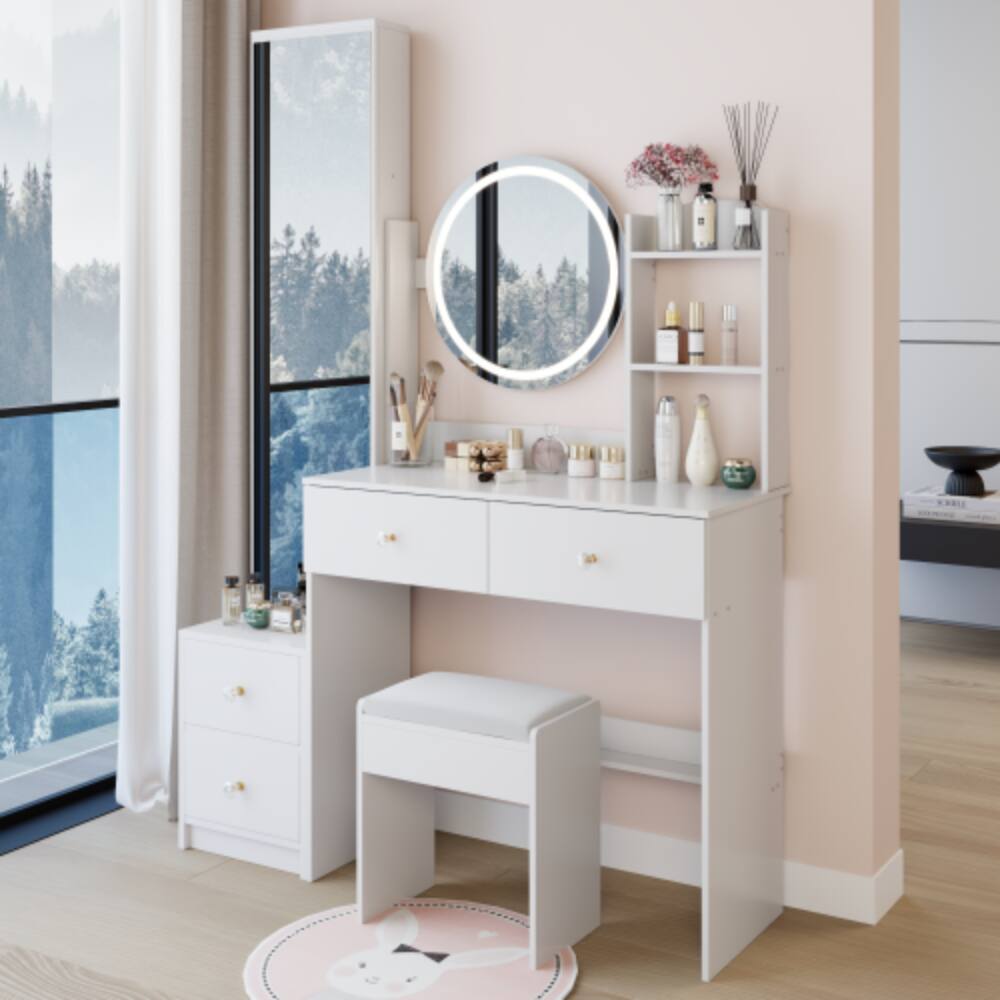Alt View 2. LUCKY ONE - 17in Round LED Mirror Vanity Set with Full Body Mirror Cabinet, Multi-Layer Storage and Stool - White.