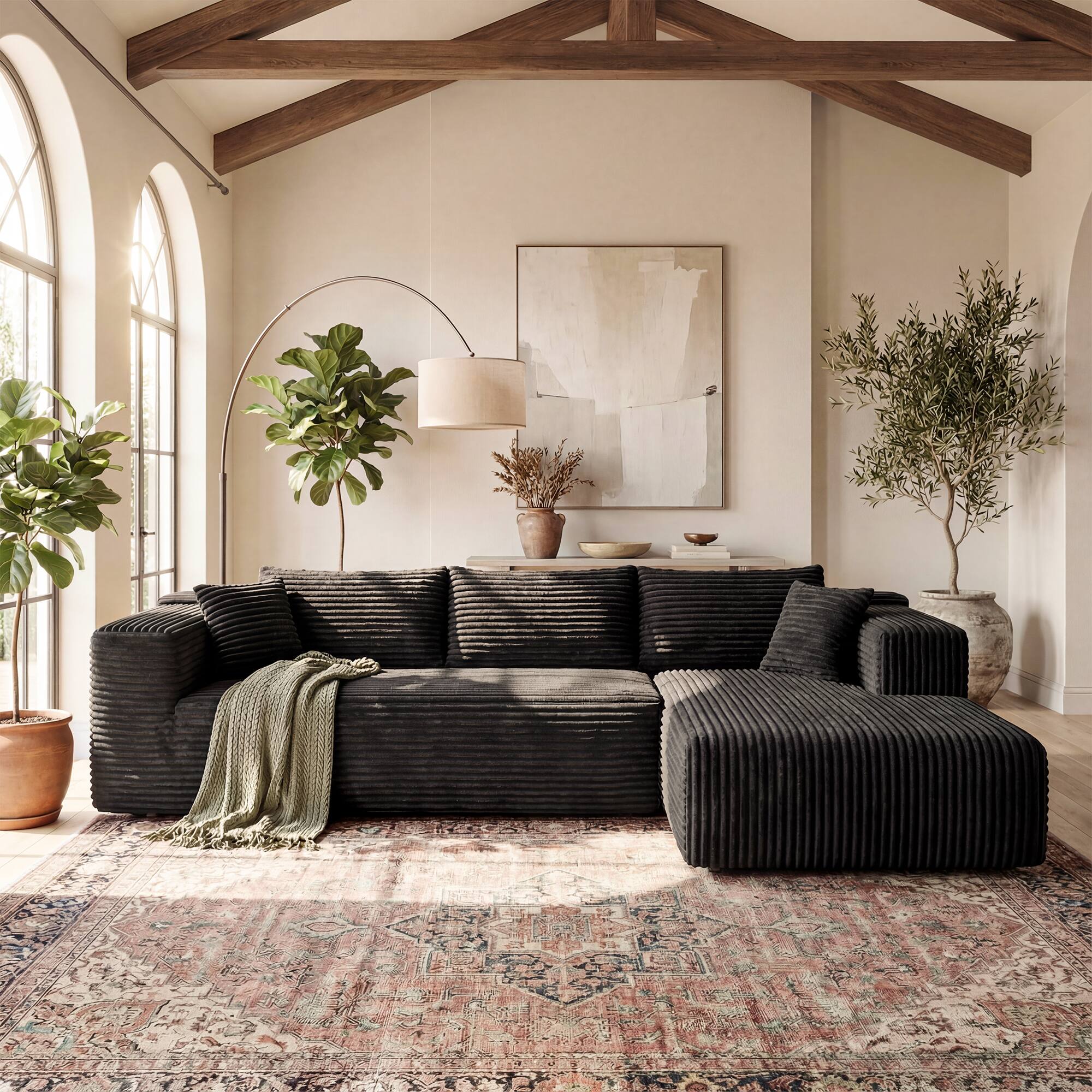 Back. FUFU & GAGA - Modular Corduroy L-Shaped Sectional Sofa with Chaise, High-Density Rebound Sponge Cushions Tool-Free Assembly - Black.