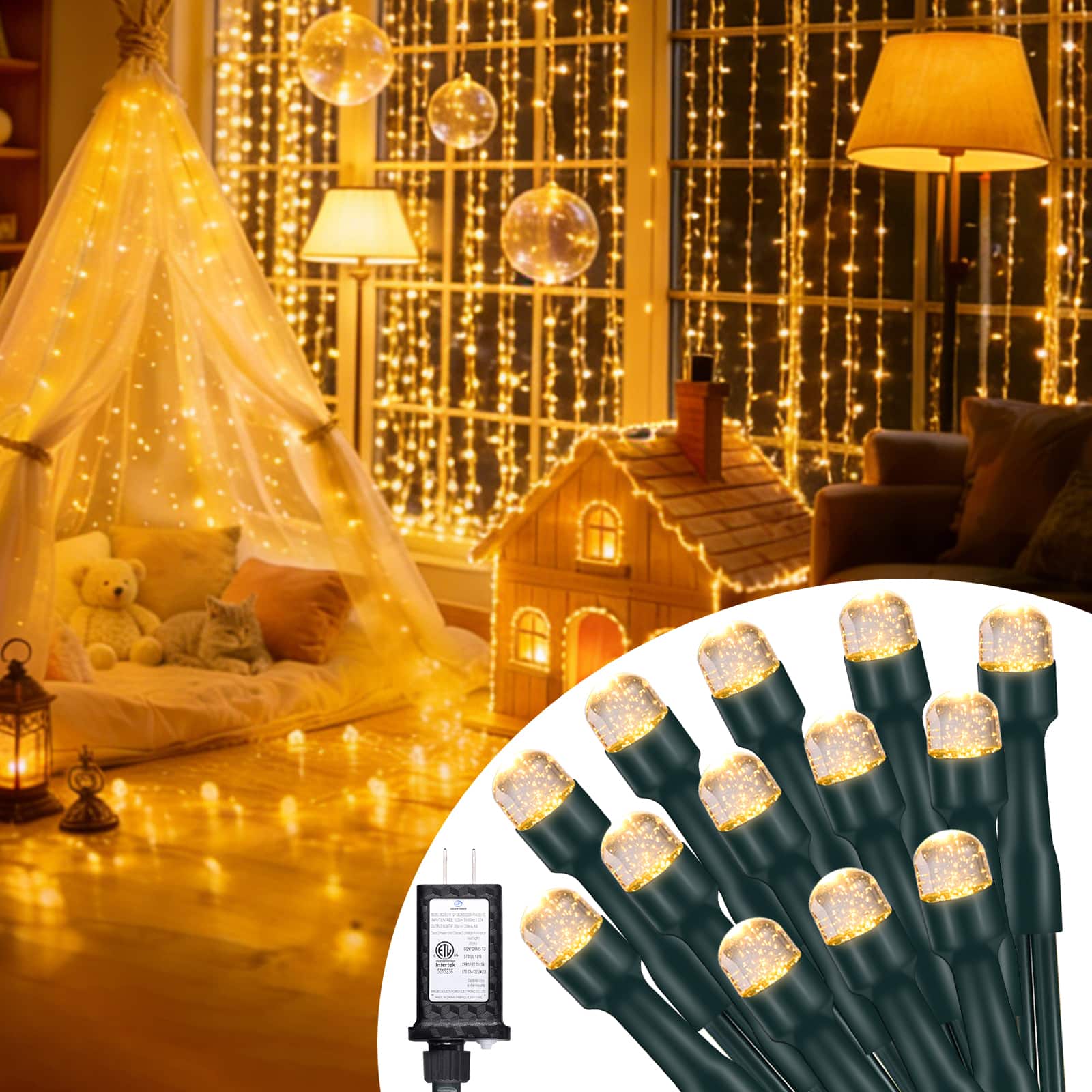 Unique Bargains - 500 LED 164 ft Christmas Tree Lights 8 Modes Plug-in with Memory Function Green Line for Bedroom Xmas Tree Wreath - Black