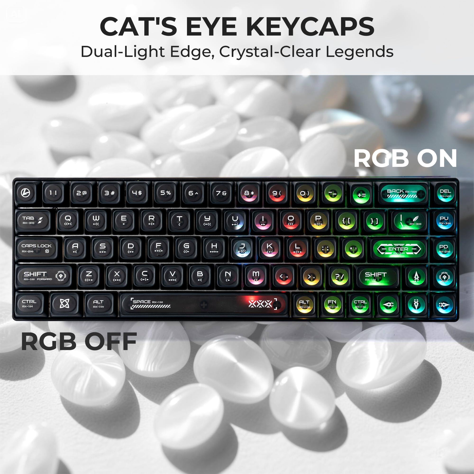 CAT'S EYE KEYCAPS  
Dual-Light Edge, Crystal-Clear Legends  

ROB ON  

RGB OFF