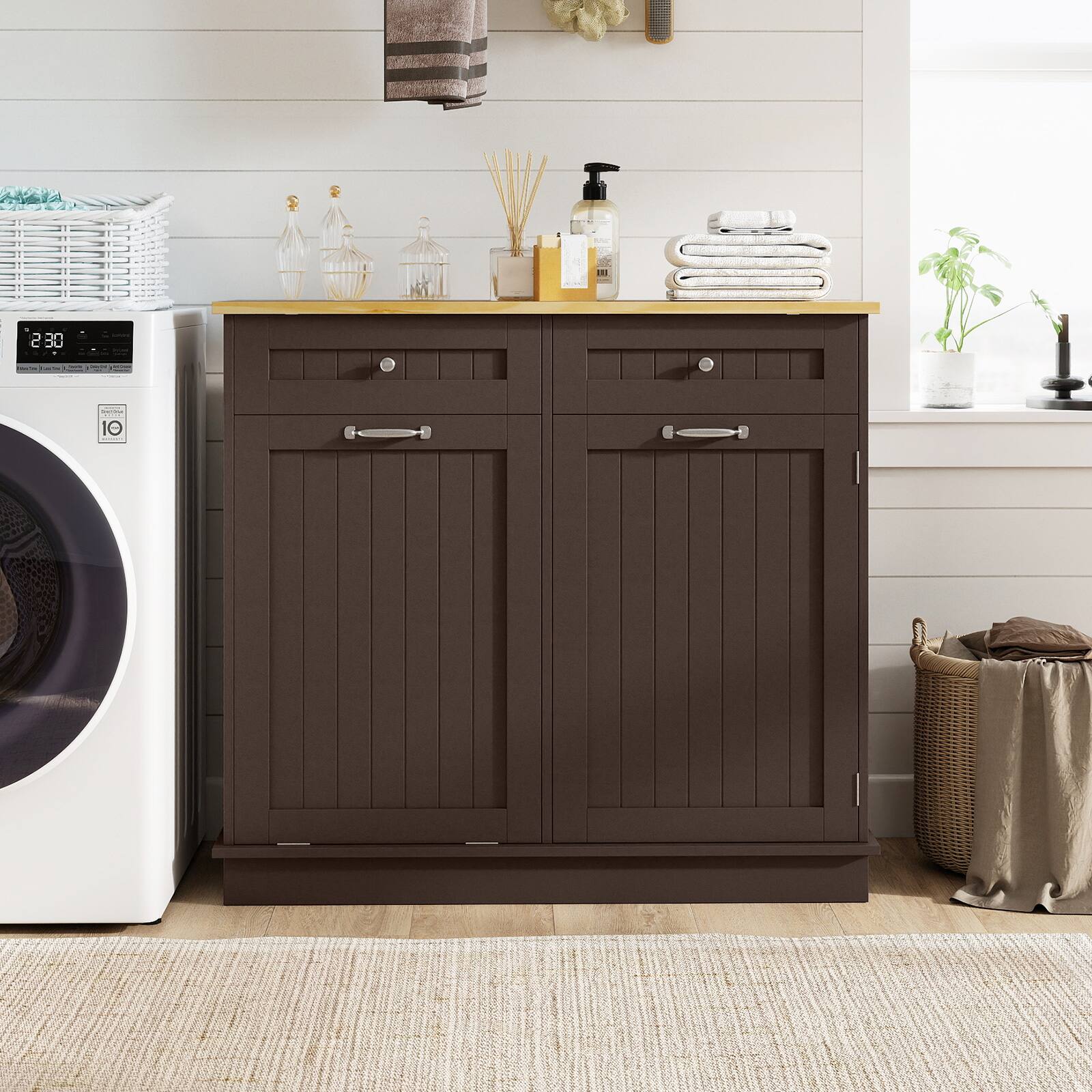 Alt View 5. Costway - Costway Wooden Kitchen Trash Cabinet Tilt Out Bin Holder with Drawer & Storage Shelf - Coffee.