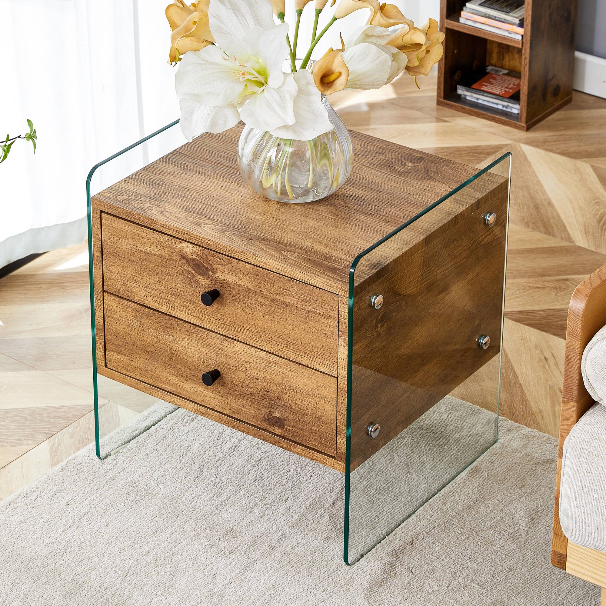 Back. Tiramisubest - Modern Double-Drawer Bedside Table with MDF Top and Tempered Glass Legs - Brown.