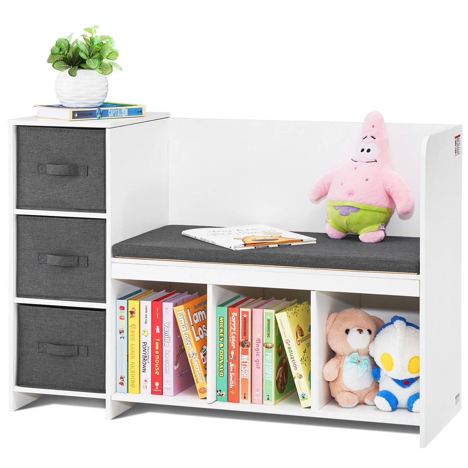 VEVOR - Kids Reading Nook Bench, Toddler Bookshelf and Bookcase with Detachable Seat Cushion, 6-Cubby Storage Organizer Bench - White