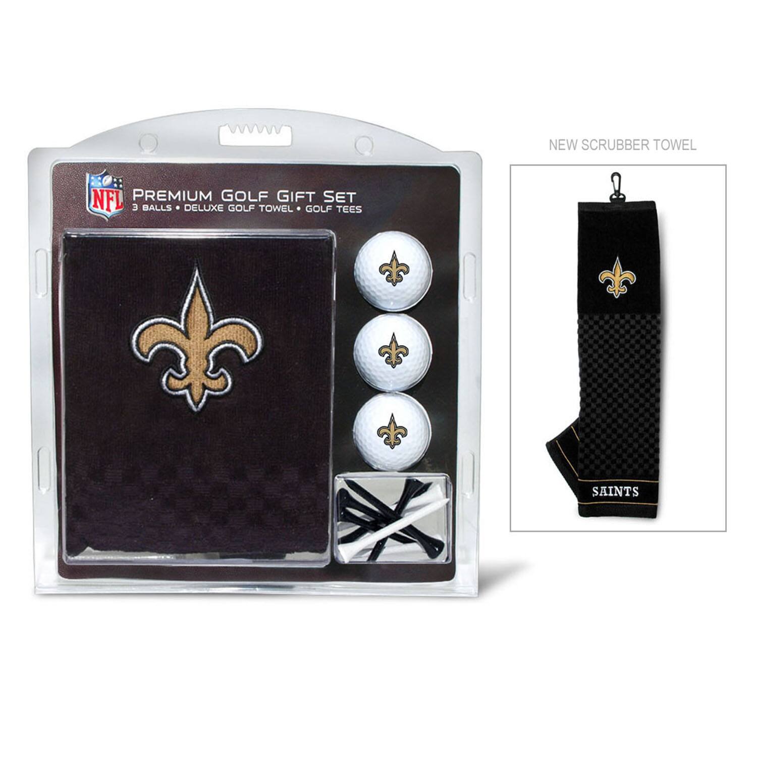 NEW SCRUBBER TOWEL  
NFL PREMIUM GOLF GIFT SET  
3 BALLS • DELUXE GOLF TOWEL • GOLF TEES  
SAINTS