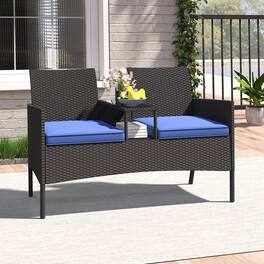 Gymax - Patio Loveseat w/ Built-in Table Soft Cushions & Tempered Glass Tabletop - Navy, Black