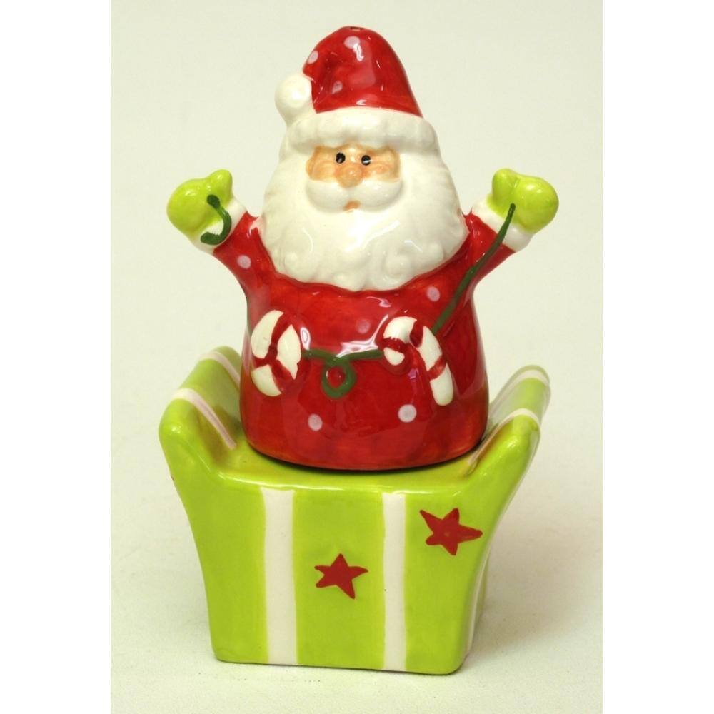 Front. BreeBe - Ceramic Santa/Gift Box Salt & Pepper Set - Red, Green.