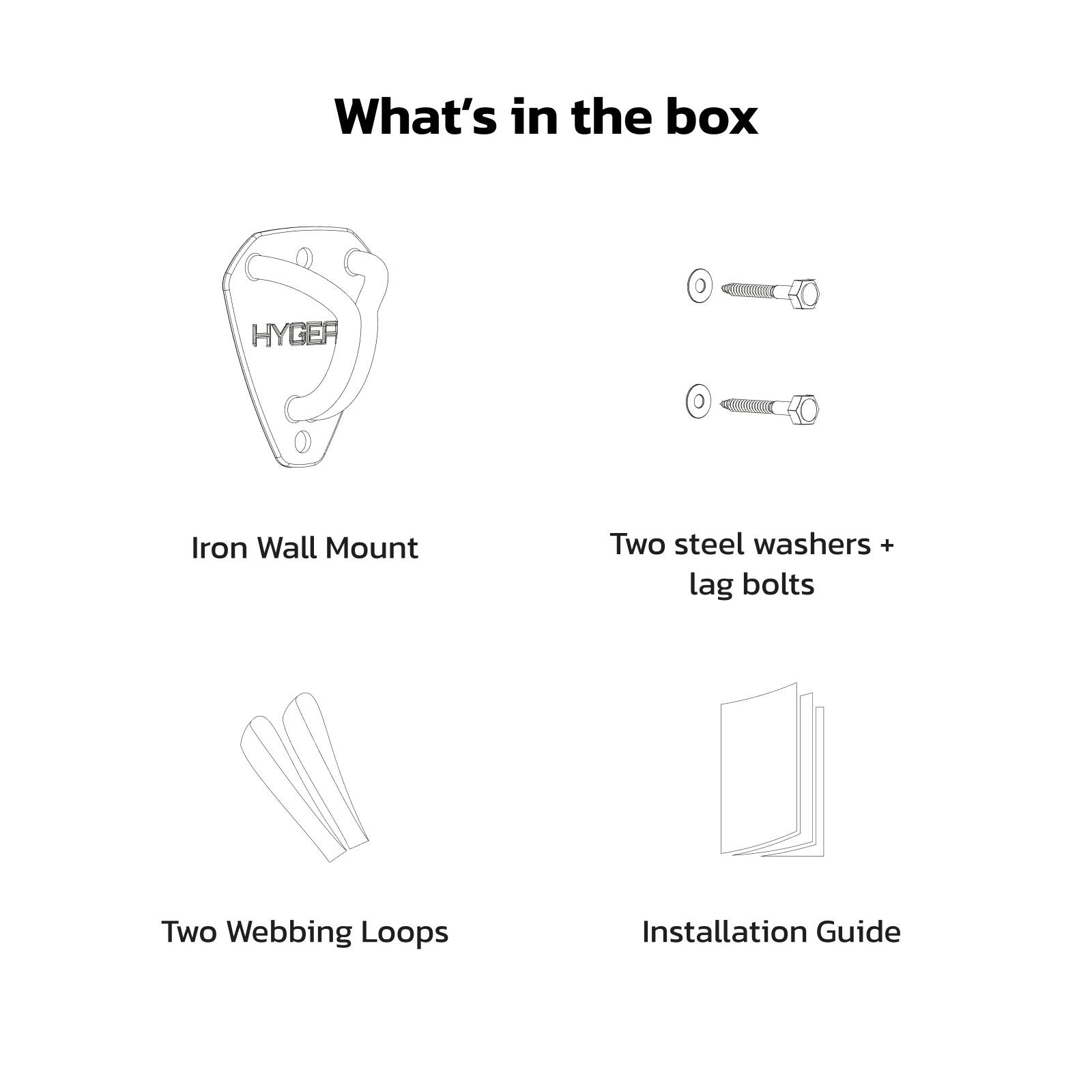 What's in the box:

- Iron Wall Mount
- Two steel washers + lag bolts
- Two Webbing Loops
- Installation Guide