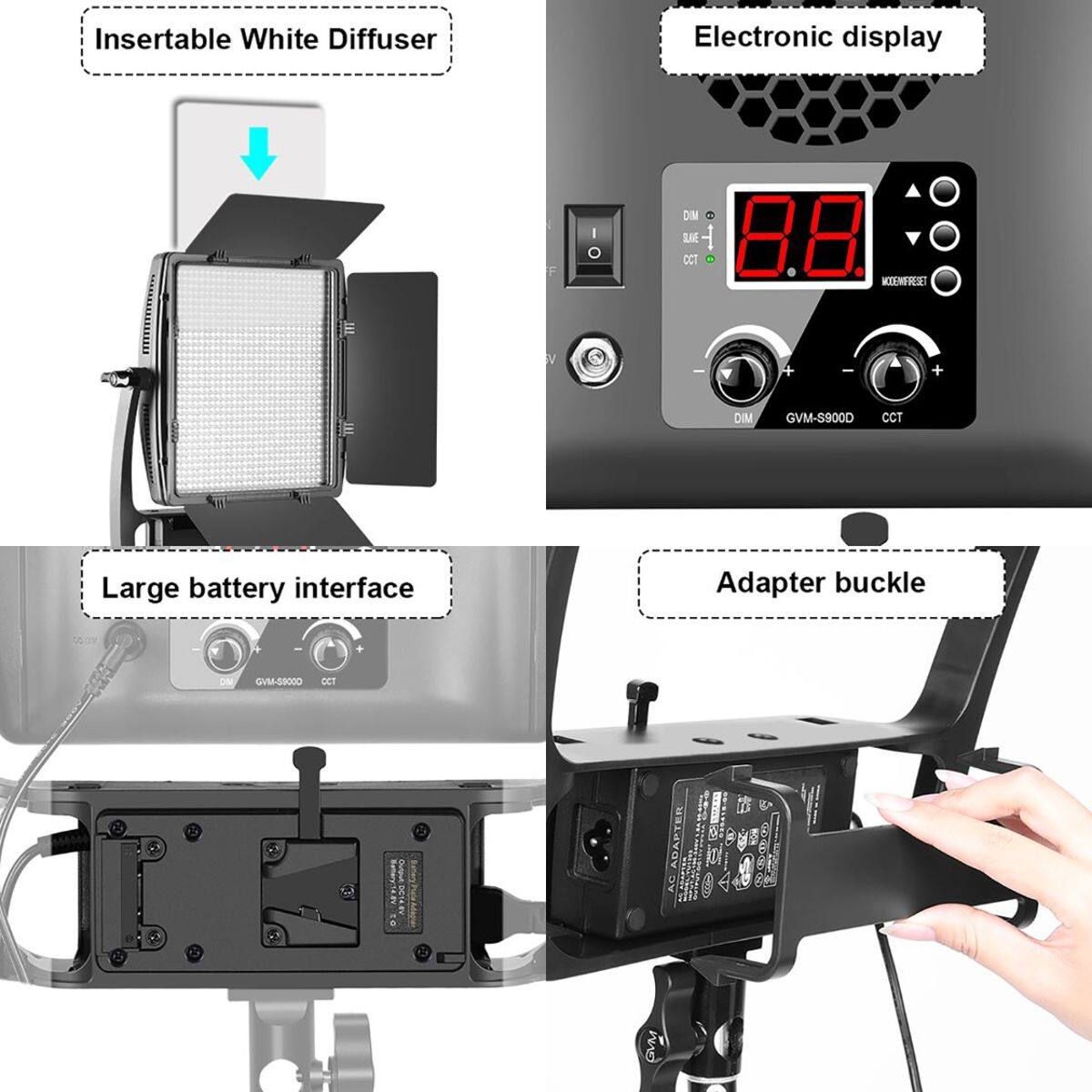 Insertable White Diffuser  
Electronic display  
Large battery interface  
Adapter buckle  
GVM-S900D  
CCT