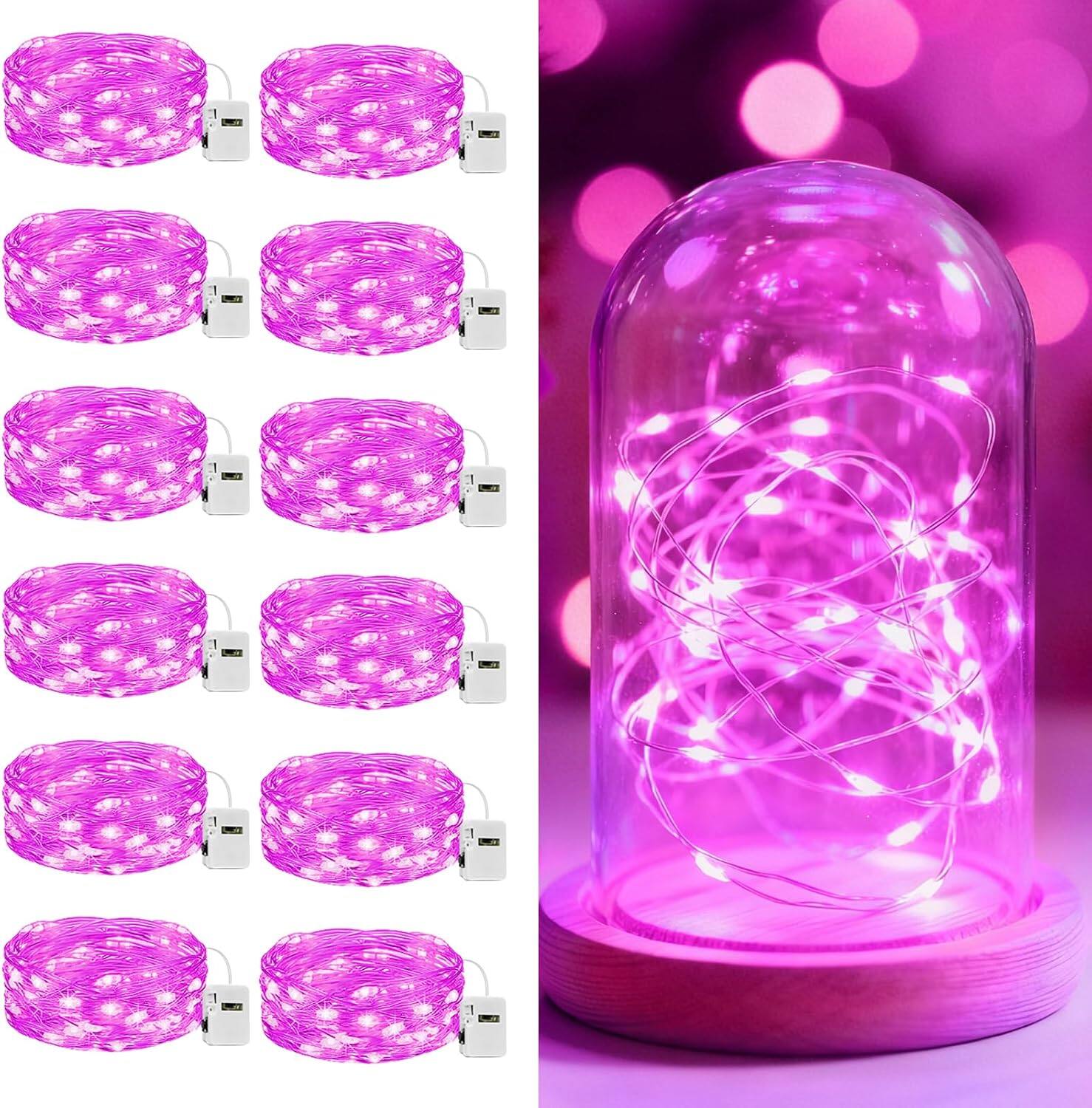 Front. Veranti - 7 ft 20 LED Battery Fairy String Lights for Halloween Party Decor and Christmas Crafts, 3 Modes - Pink.