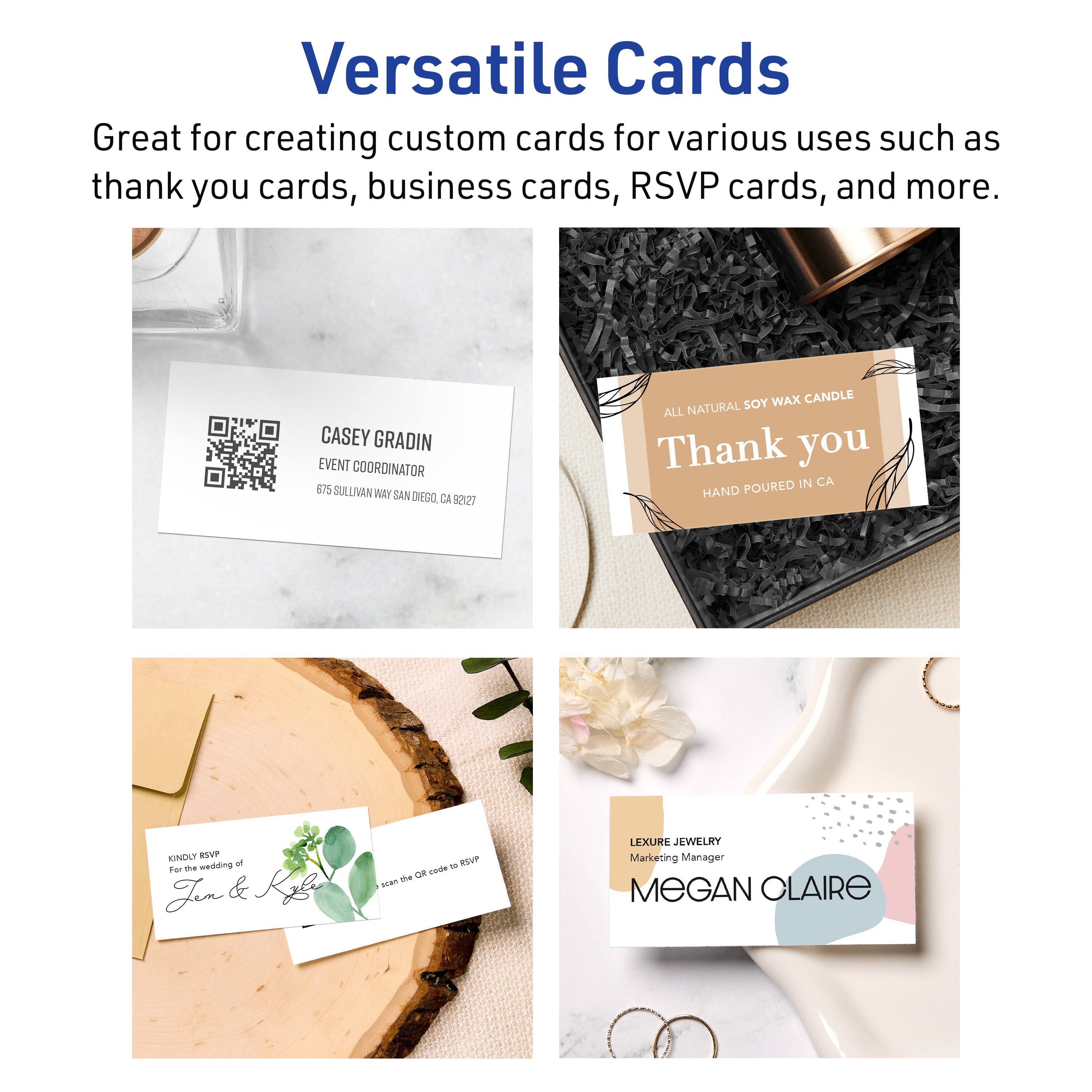 Versatile Cards

Great for creating custom cards for various uses such as thank you cards, business cards, RSVP cards, and more.

CASEY GRADIN  
EVENT COORDINATOR  
675 SULLIVAN WAY SAN DIEGO, CA 92127

ALL NATURAL SOY WAX CANDLE  
Thank you  
HAND POURED IN CA

KINDLY RESPOND  
RSVP by [date]  
Jen & Kyle  
scan the QR code to RSVP

LEXURE JEWELRY  
Marketing Manager  
MEGAN CLAIRE