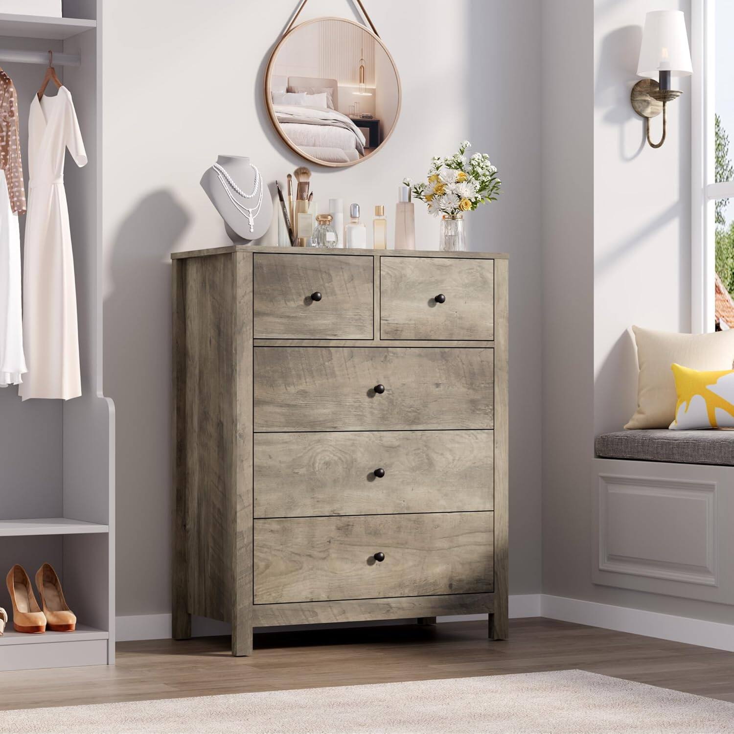 Front. GARVEE - 5 Drawer Dresser for Bedroom, Tall Grey Chest with Deep Drawers and Metal Knobs, Wooden Organizer for Hallway - Grey.