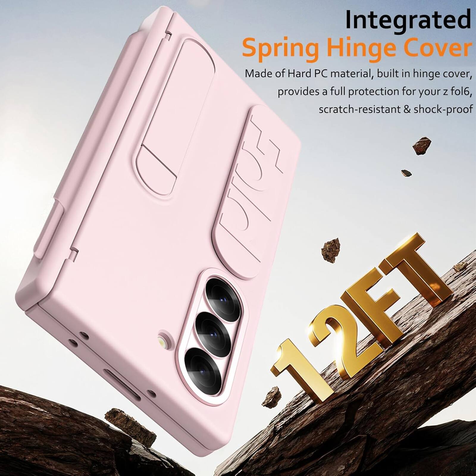 Integrated Spring Hinge Cover Made of Hard PC material, built in hinge cover, provides a full protection for your Z fold6, scratch-resistant & shock-proof 12FT