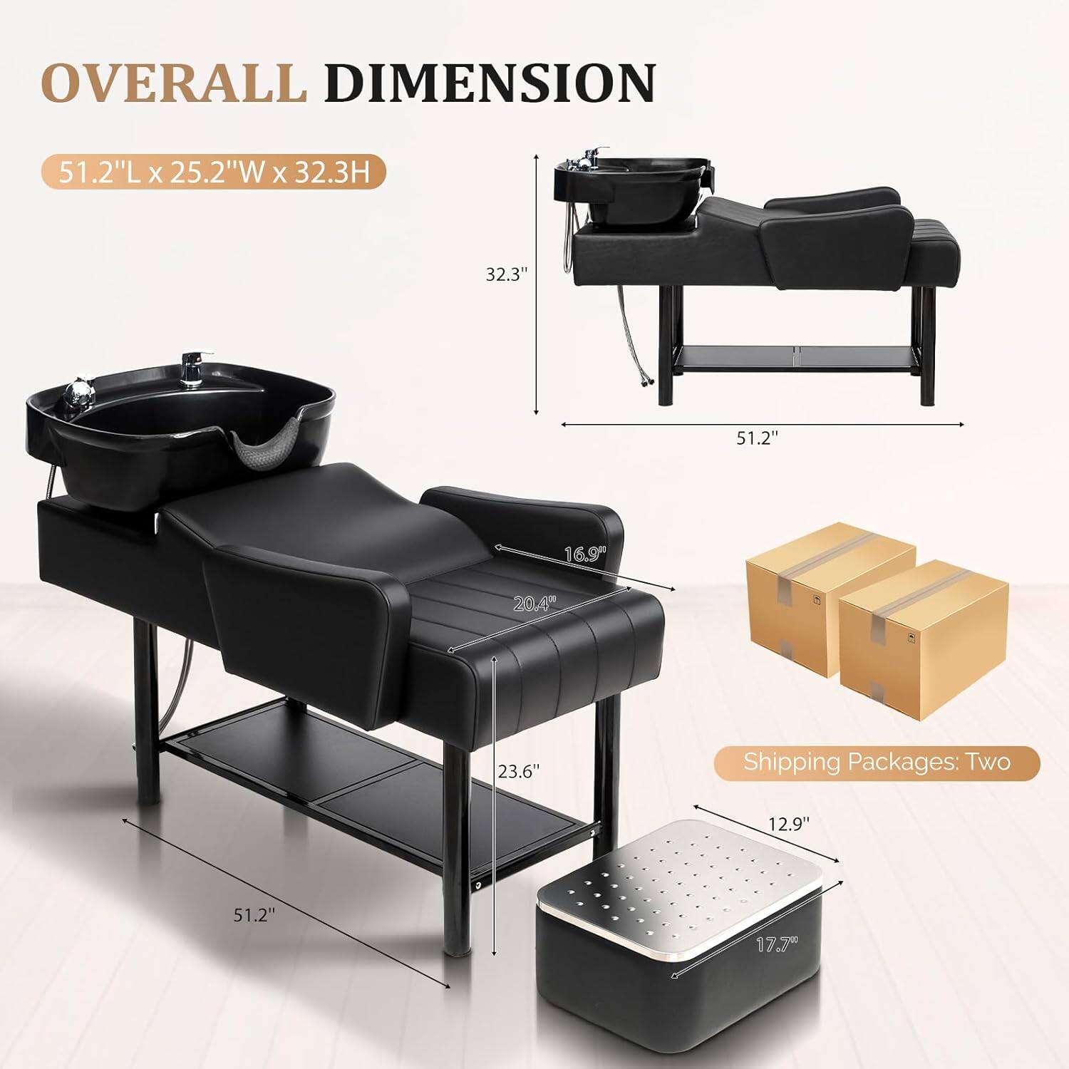 OVERALL DIMENSION  
51.2"L x 25.2"W x 32.3"H  

Shipping Packages: Two  

12.9" x 17.7" x 20.6"  
16.9" x 23.6"